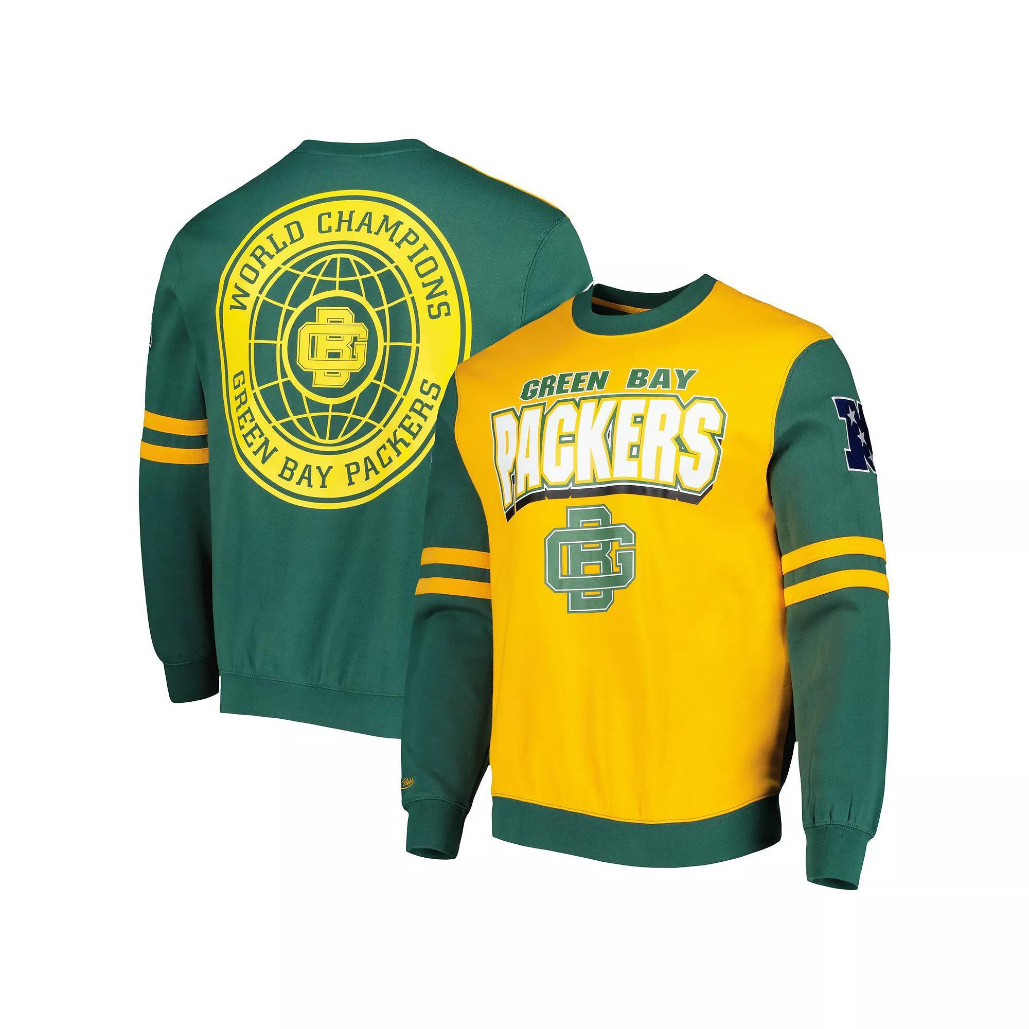 Men's Mitchell & Ness Gold Green Bay Packers All Over 2.0 Pullover Sweatshirt, Size: Large Product Image