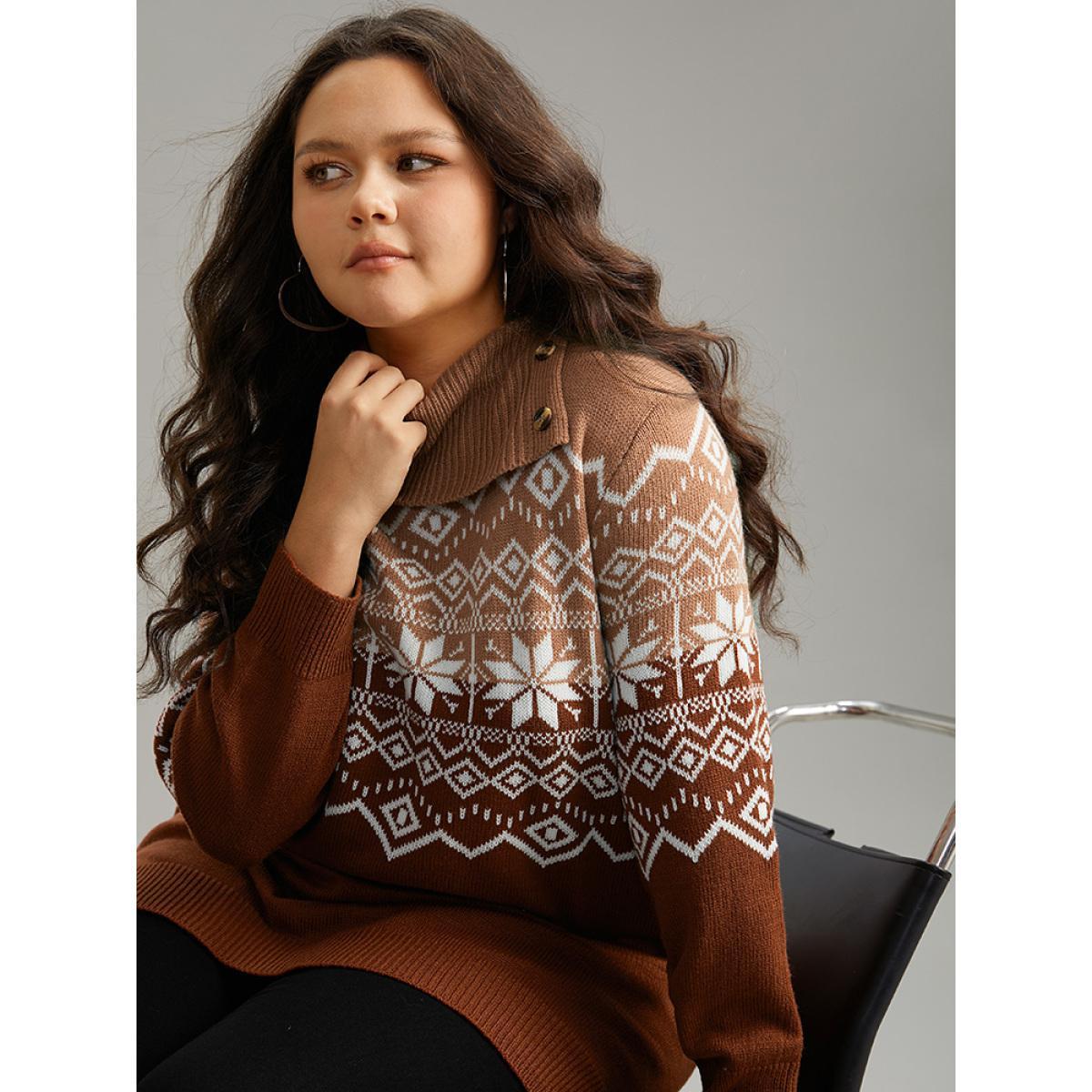 Plus Size Snowflake Print Button Detail Split Side Pullover Multicolor Women Casual Loose Long Sleeve Lapel Collar Festival-Christmas Pullovers BloomChic 18-20/2X Product Image