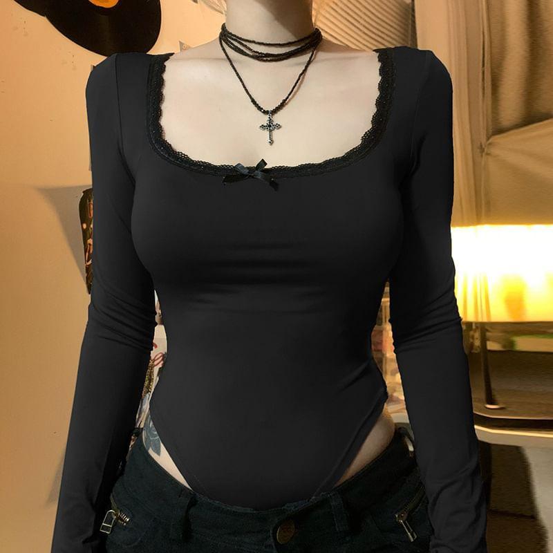 Long Sleeve Square Neck Plain Lace Trim Bowknot Bodysuit Top Product Image
