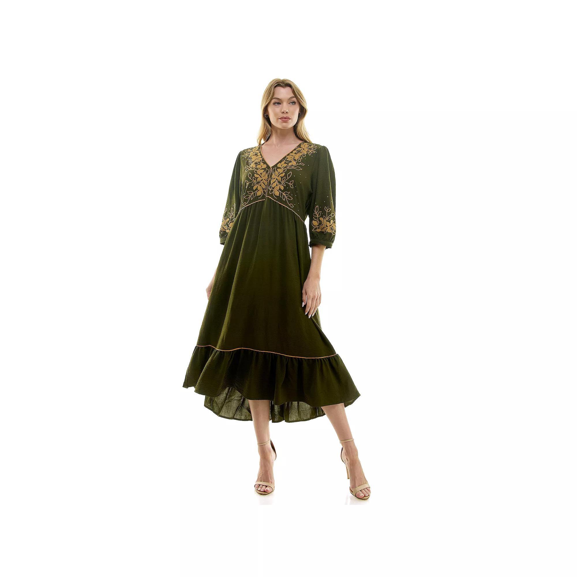 Women's Figueroa & Flower Elbow Sleeve Embroidered Peasant Dress, Size: Medium, Black Product Image