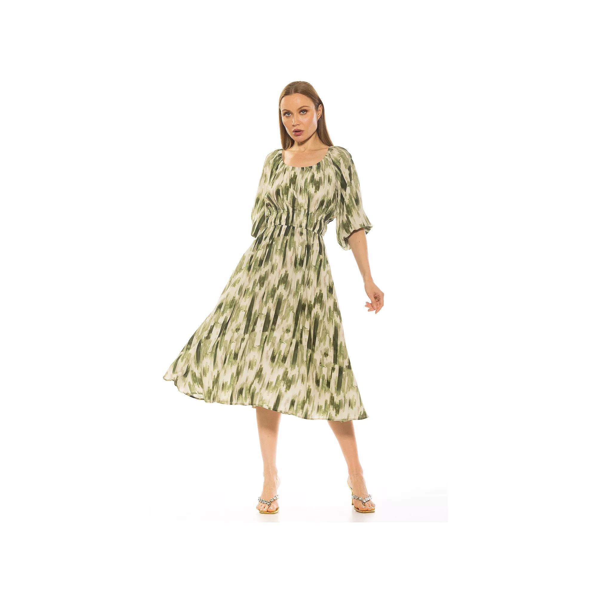 Women's ALEXIA ADMOR Emily Fit & Flare Scoopneck Shirred Dress, Size: Medium, Green Abstrast Product Image