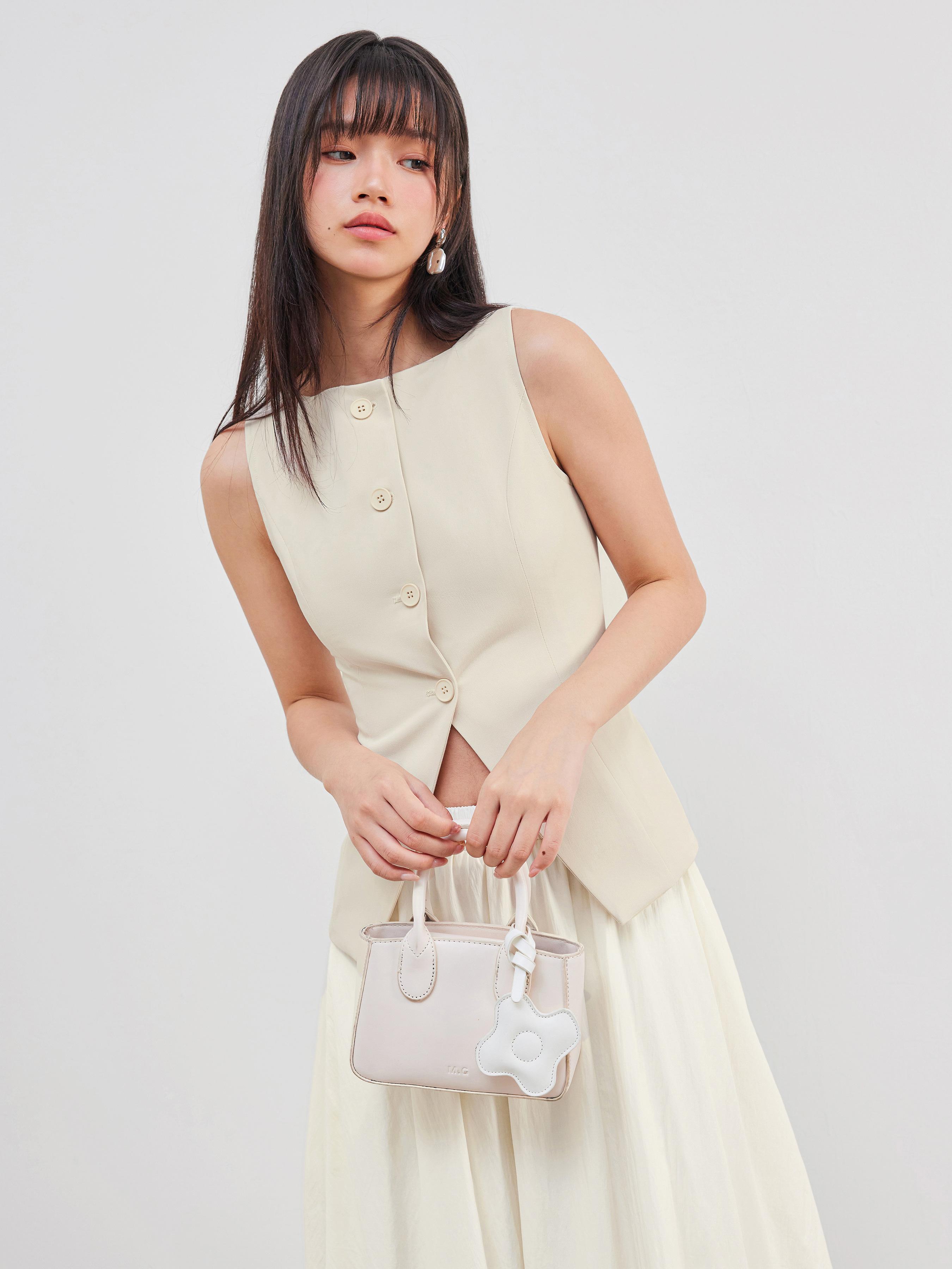 Vest Women Woven Woven Boat Neck Solid Button Vest For Work Product Image