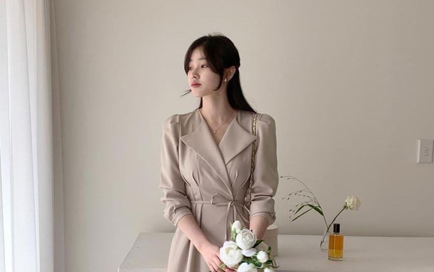 Long-Sleeve V-Neck Plain Tie Waist Midi A-Line Dress Product Image