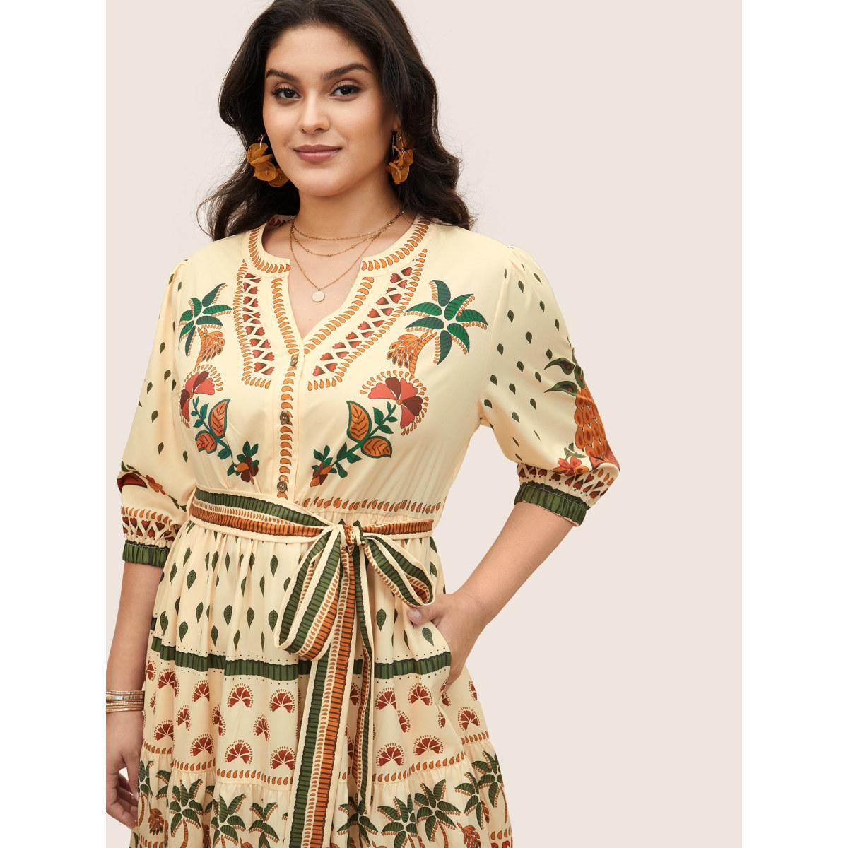 Plus Size Boho Print Notched Collar Patchwork Belted Dress Apricot Women Resort Non Notched collar Elbow-length sleeve Curvy Midi Dress BloomChic 14-16/1X Product Image