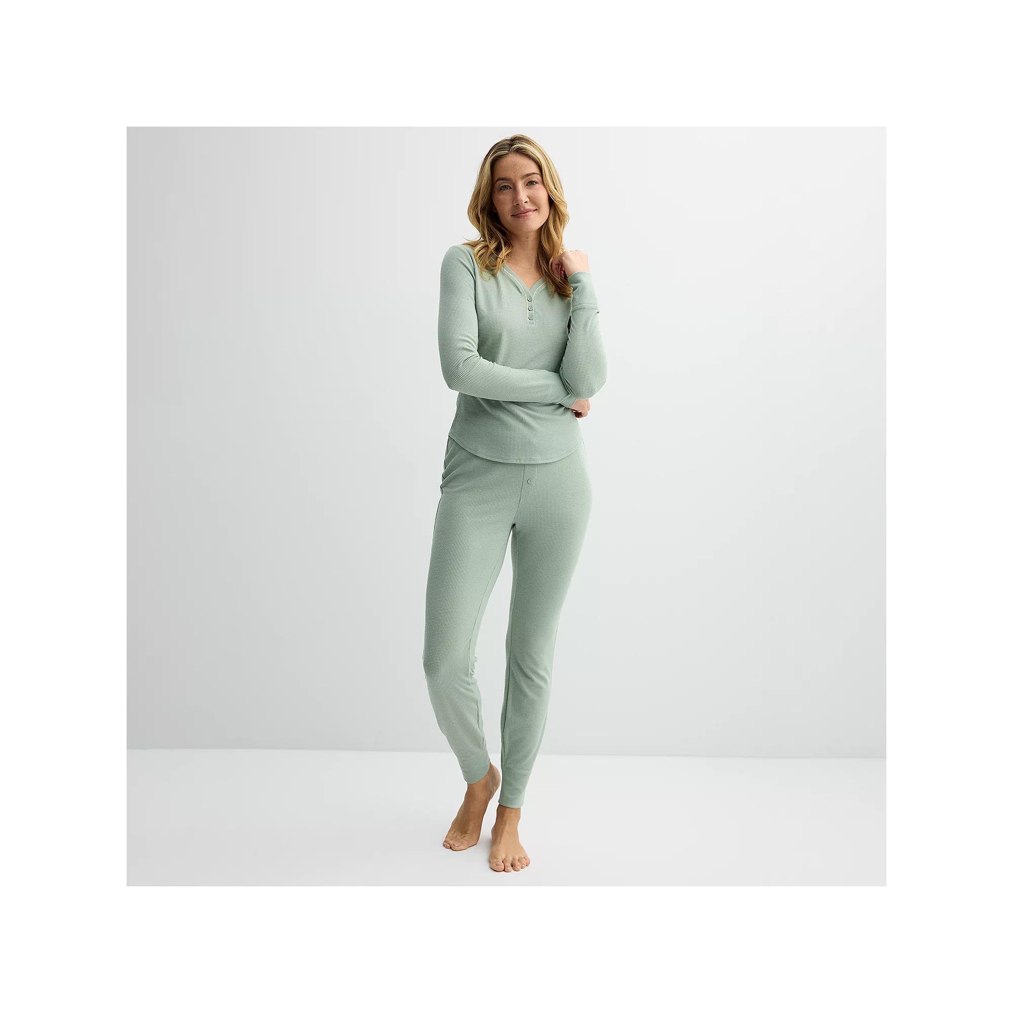 Womens Sonoma Goods For Life 2-pc. Thermal Pajama Top & Pajama Bottoms Set White Green Product Image