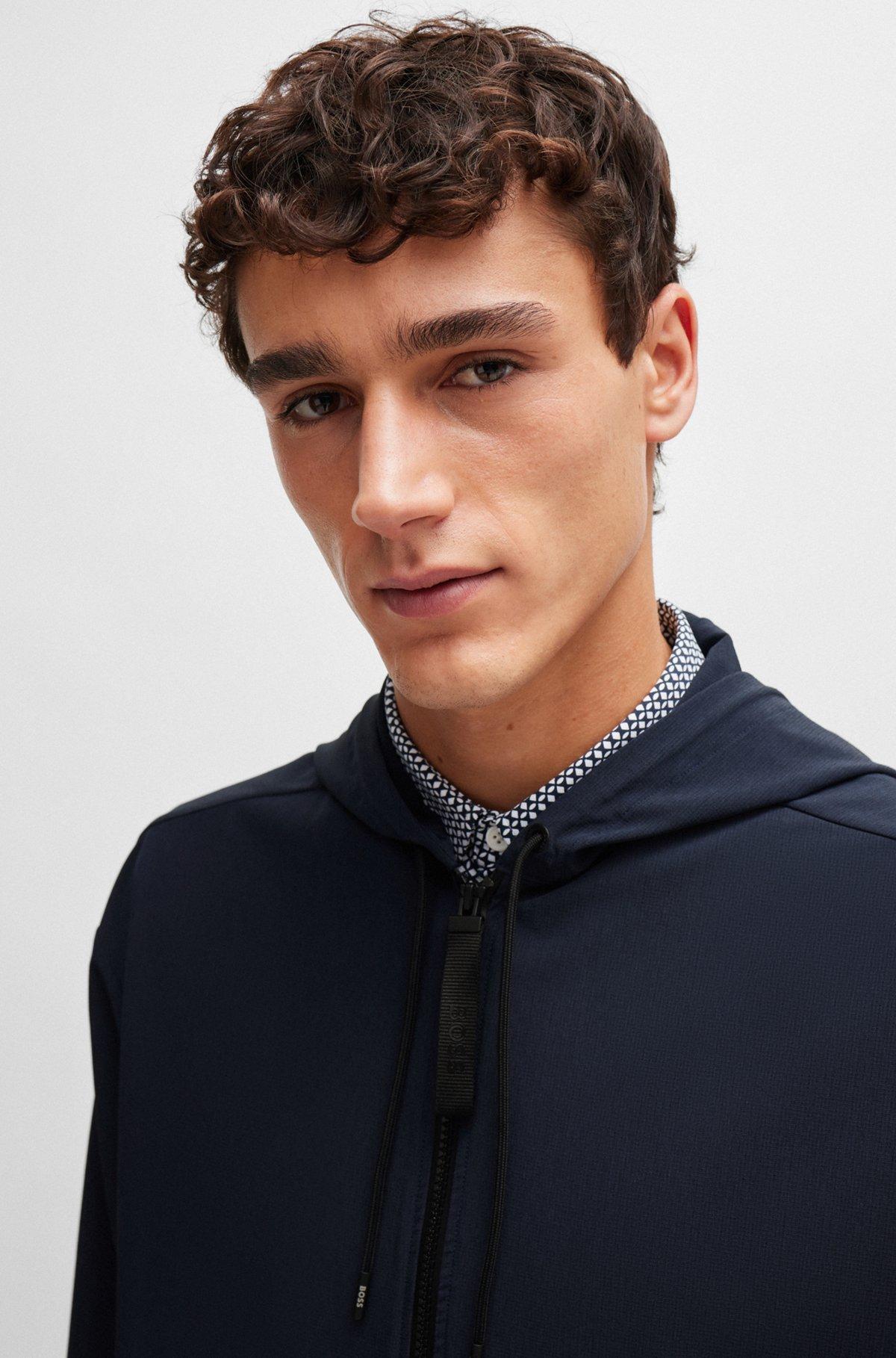 Zip-up relaxed-fit hooded shirt in stretch fabric Product Image