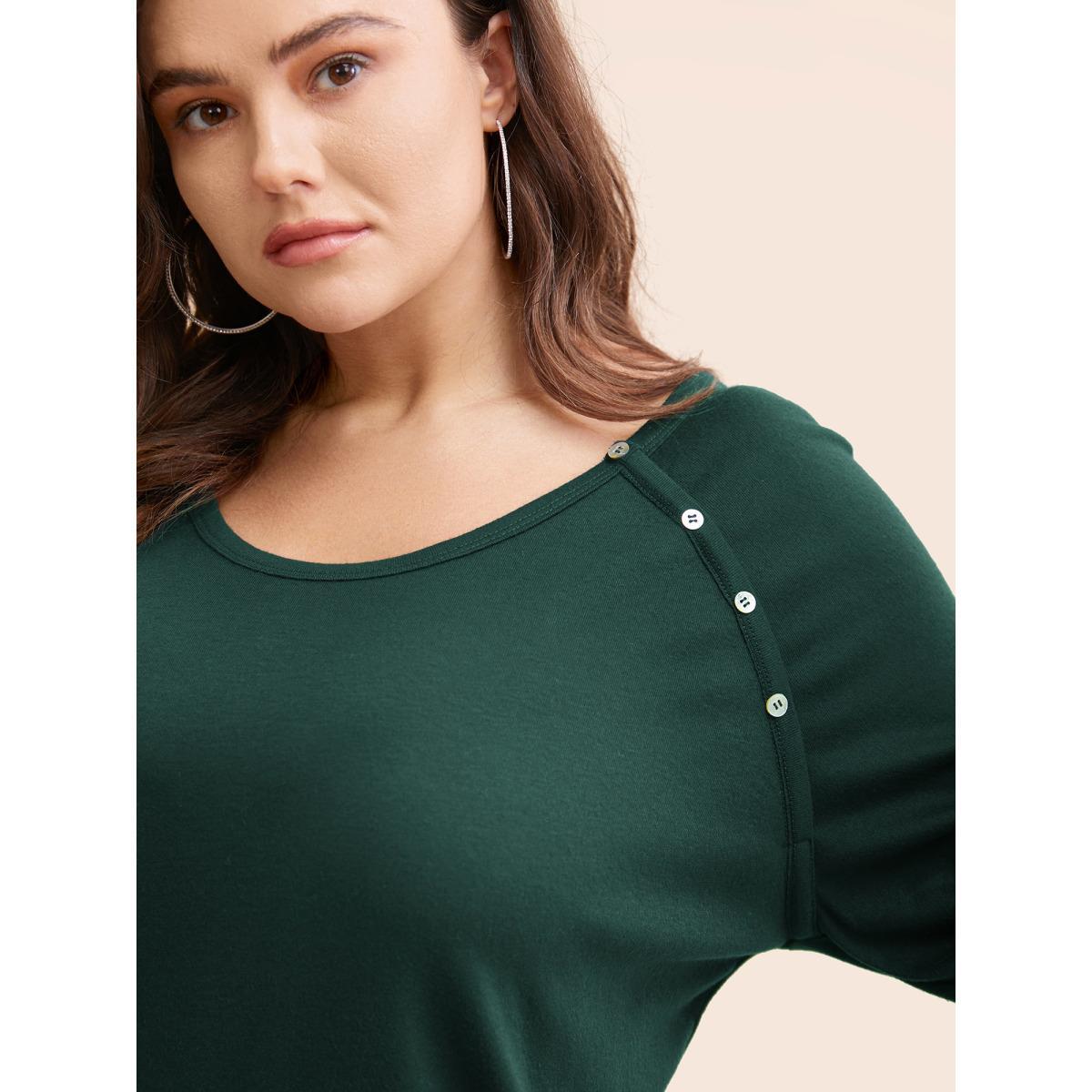 Plus Size Plain Gathered Button Detail T-shirt Indigo Women Casual Gathered Plain Round Neck Dailywear T-shirts BloomChic 22-24/3X Product Image