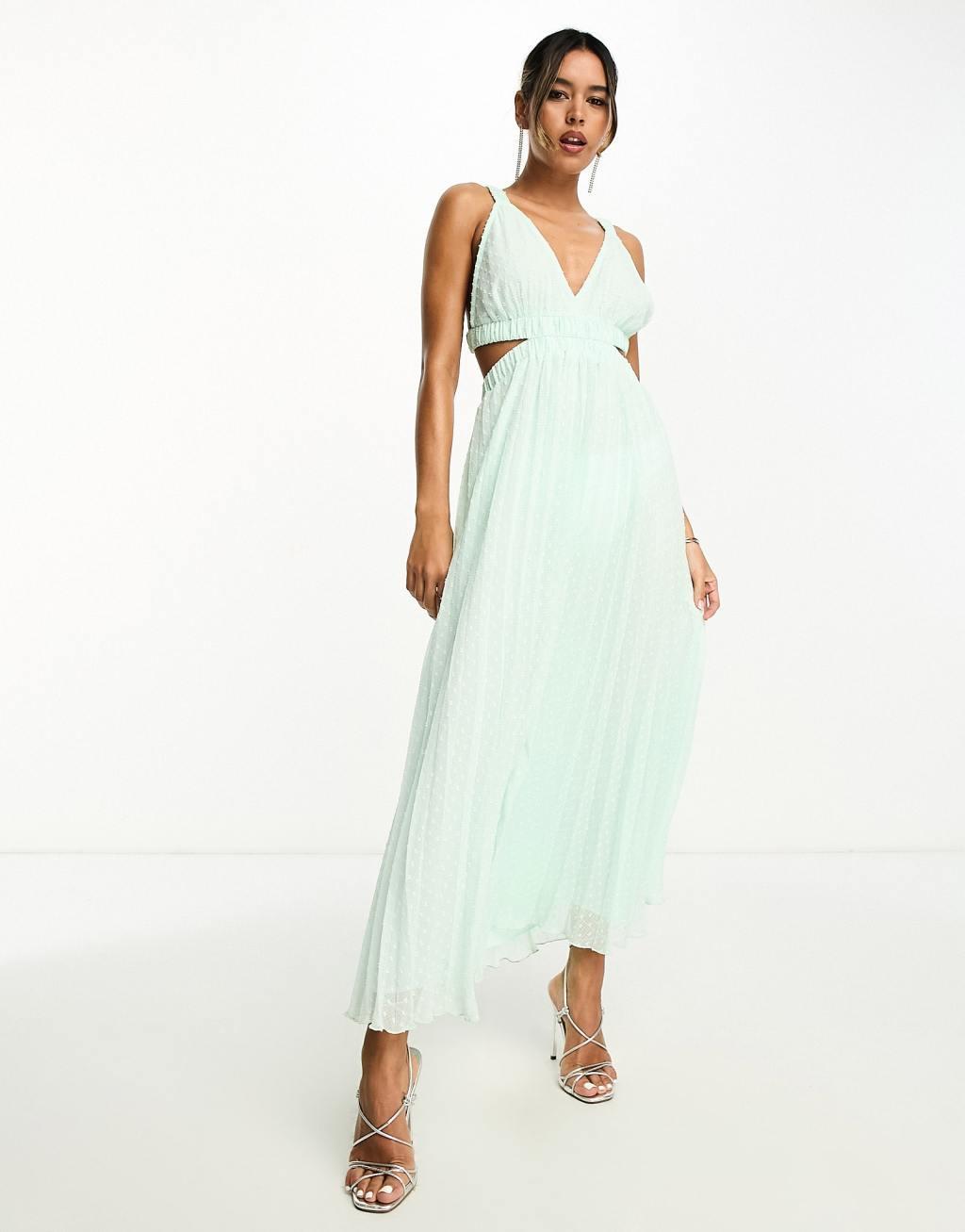 ASOS DESIGN pleat plunge neck midi dress with elasticated straps and back Product Image