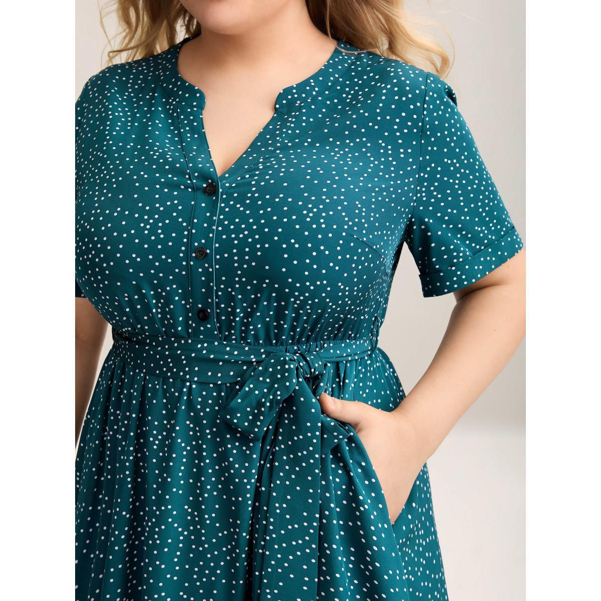 Plus Size Stretchy Waist Tied Pockets Printed Midi Dress Cyan Women At the Office Belted Flat collar Short sleeve Curvy BloomChic 26/4X Product Image