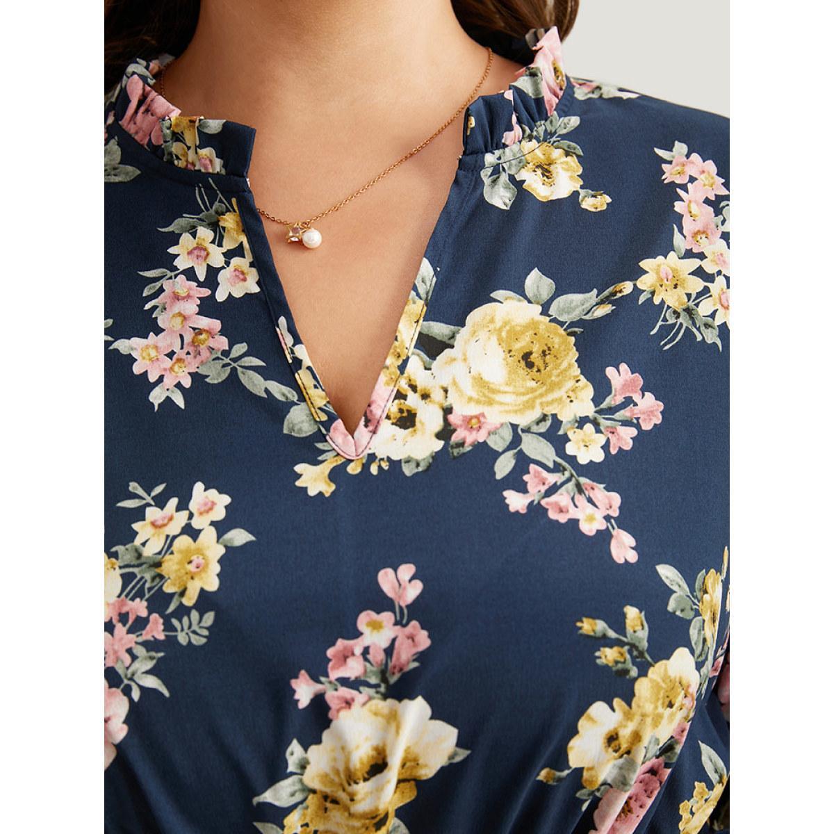 Plus Size Floral Print Frill Trim Belted Pocket Dress Navy Women Office Belted Notched collar Elbow-length sleeve Curvy Midi Dress BloomChic 12/L Product Image