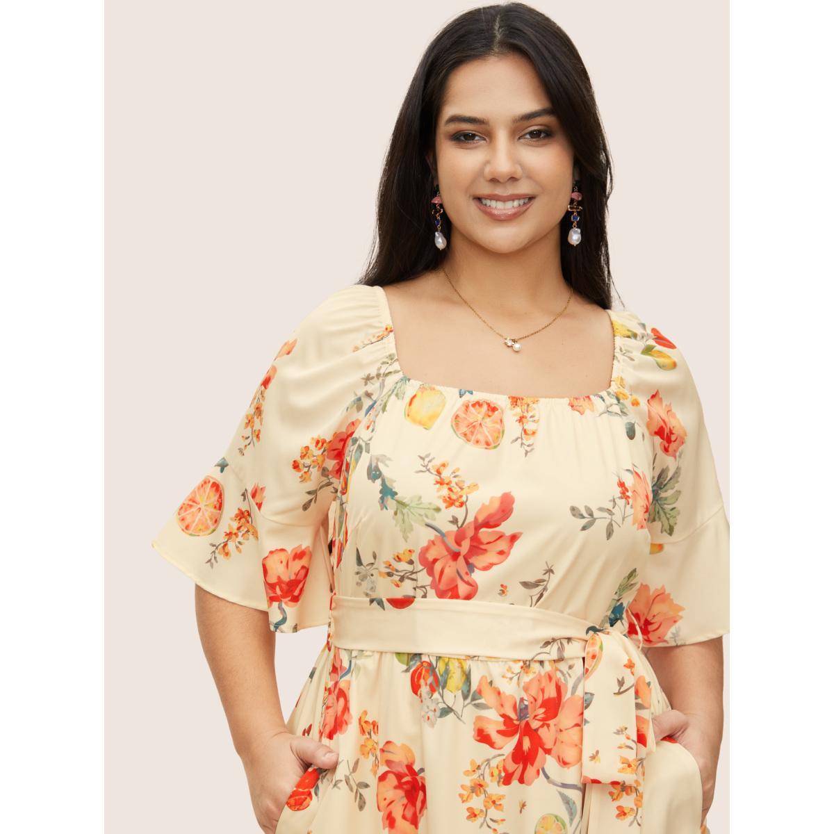 Plus Size Citrus Orange Print Square Neck Ruffles Gathered Dress Apricot Women Elegant Gathered Square Neck Half Sleeve Curvy Midi Dress BloomChic 18-20/2X Product Image