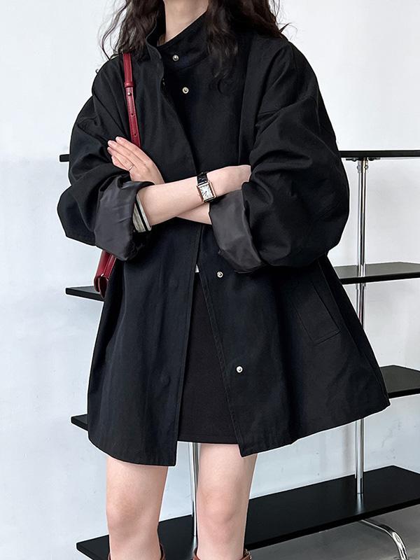 Long Sleeves Loose Pockets Solid Color Stand Collar Outerwear Trench Coats Product Image