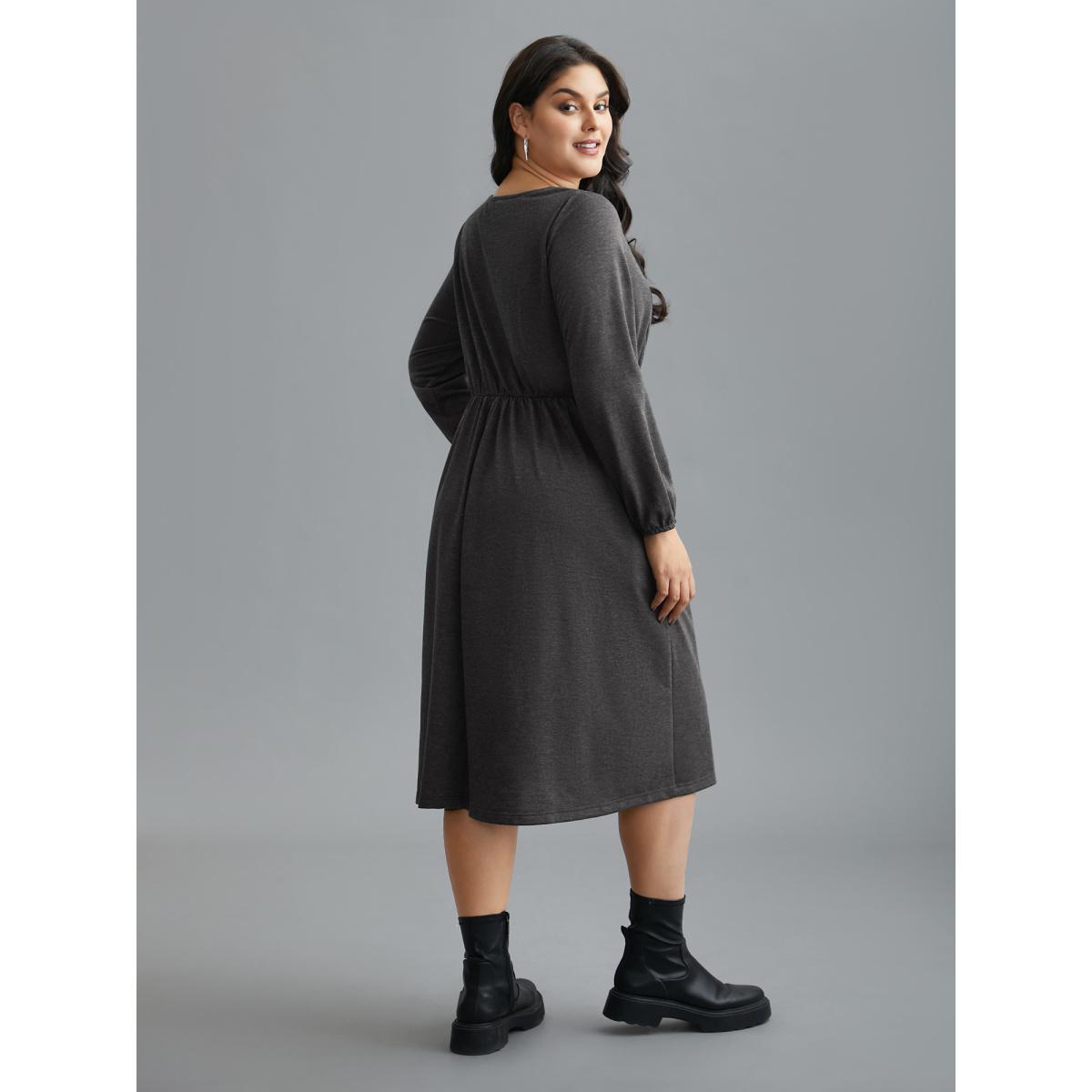Plus Size Elastic Waist Tie Round Neck Knit Midi Dress DarkGray Women Casual Drawstring Knit Dresses Bloomchic 18-20/2X Product Image
