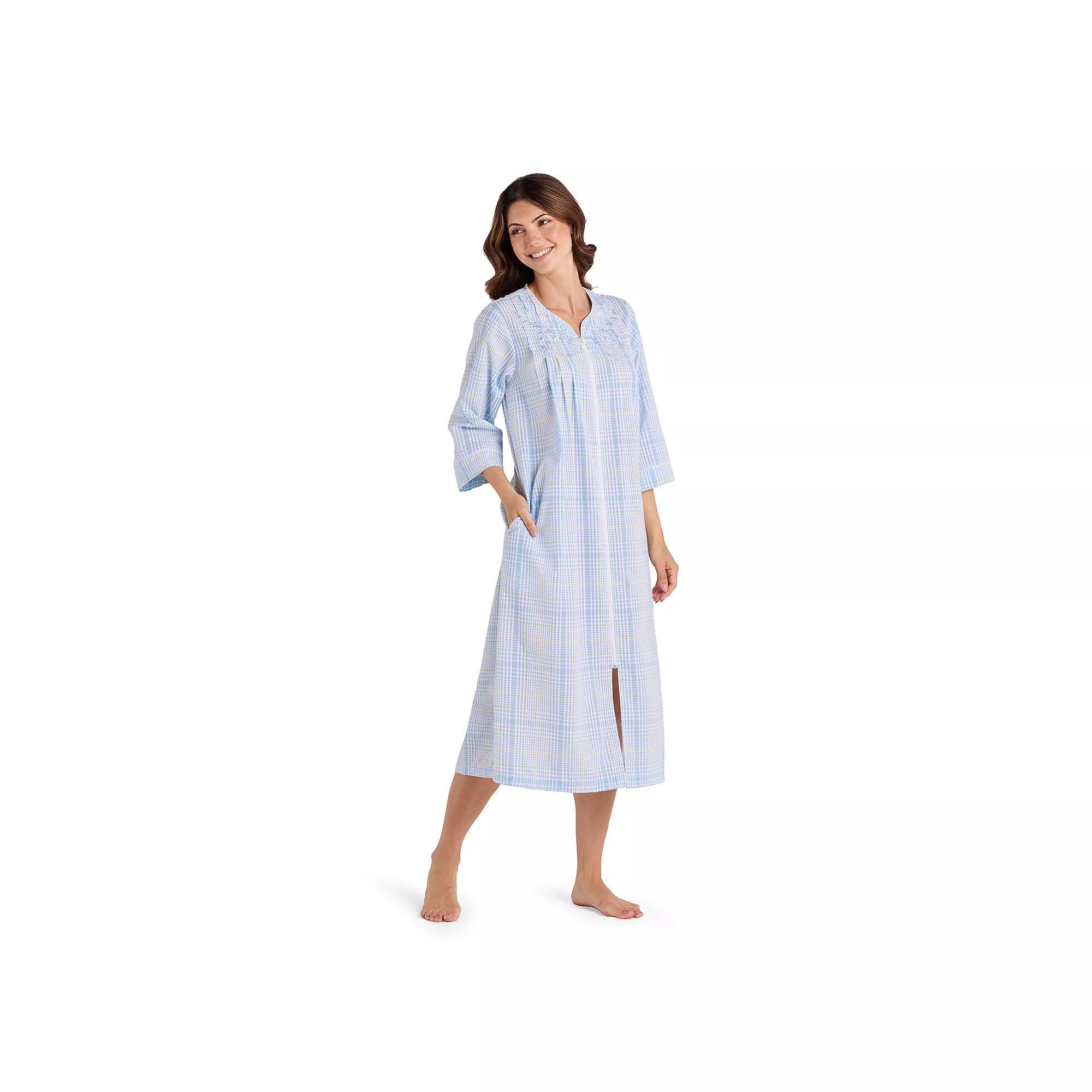 Women's Miss Elaine Essentials Seersucker Long Zip Robe, Size: XL, Blue Mint Check Product Image