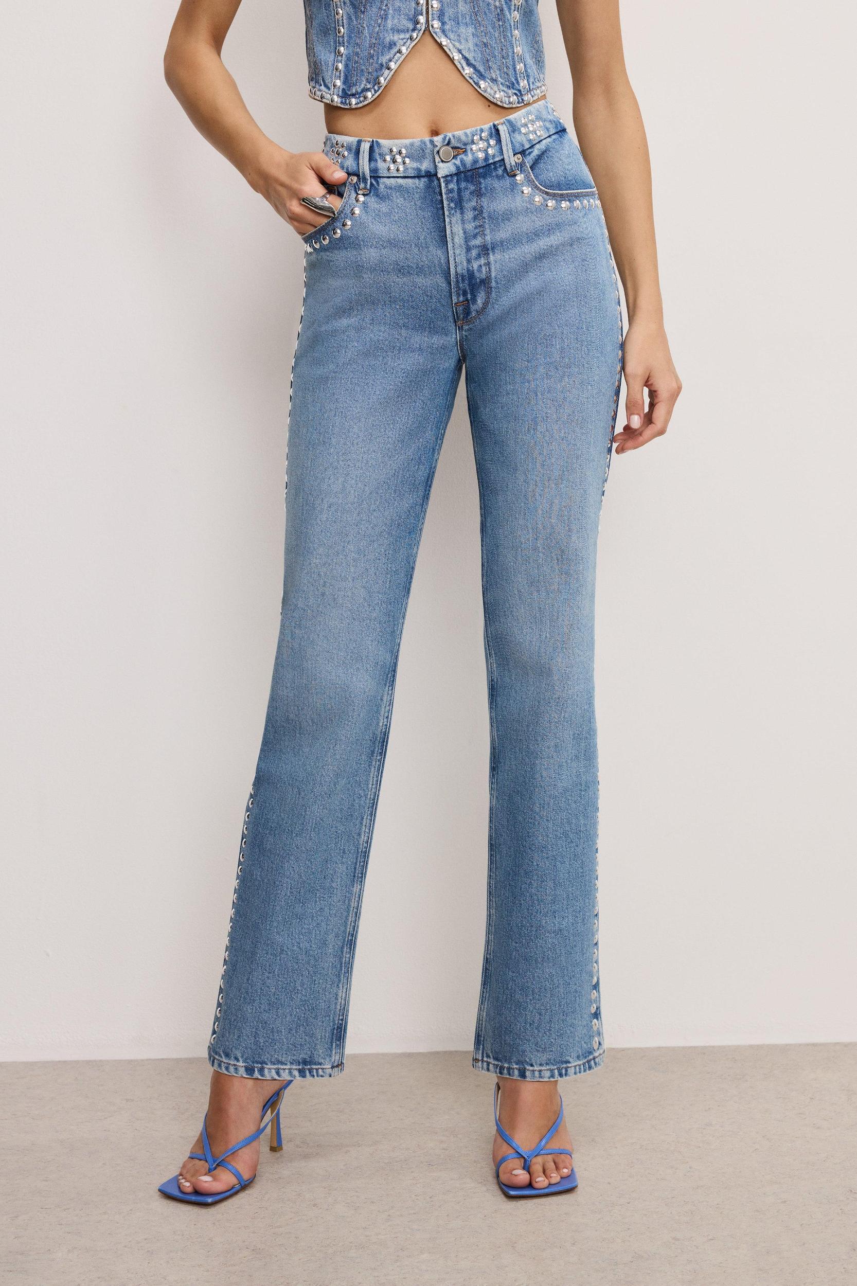 GOOD ICON STUDDED STRAIGHT JEANS | INDIGO895 Product Image