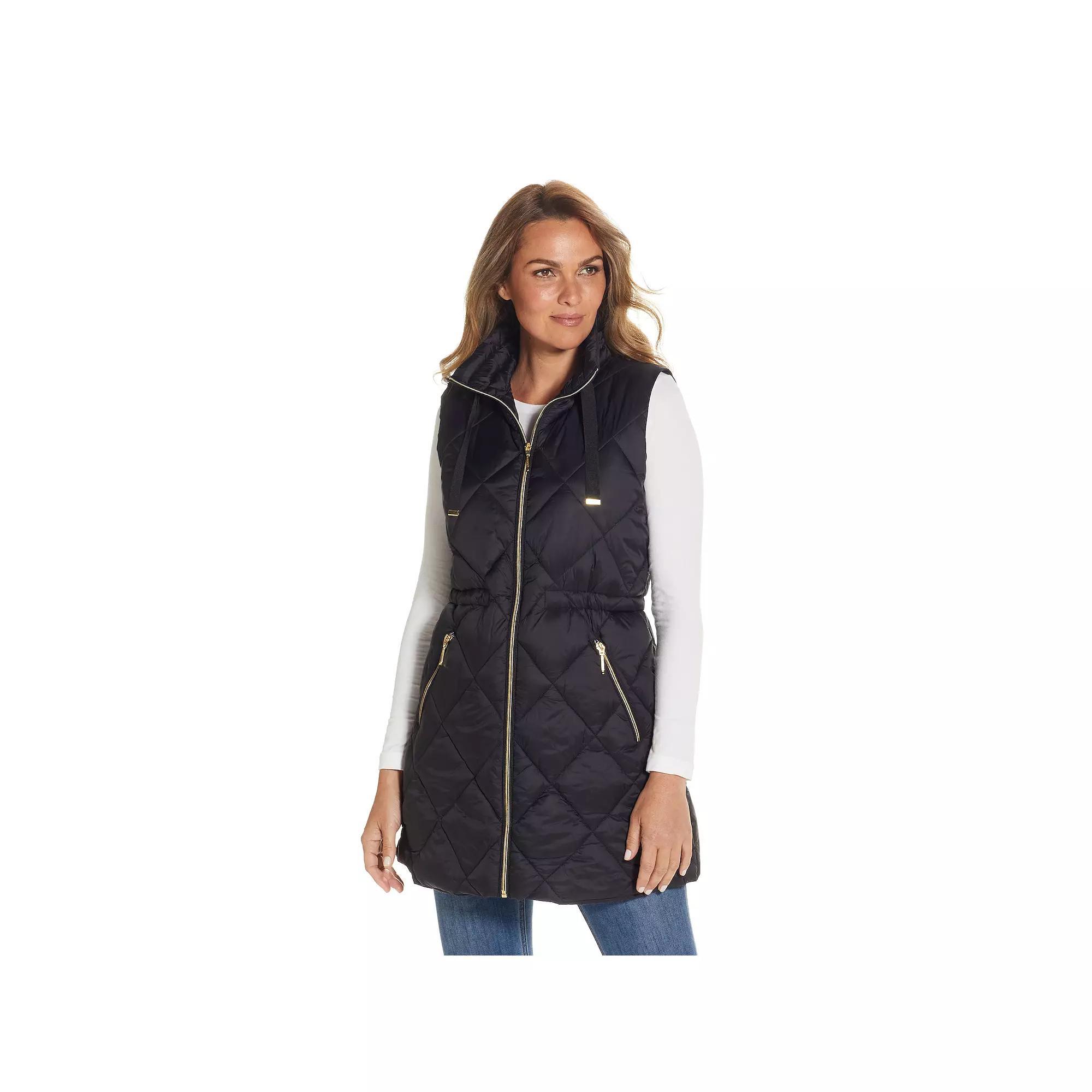 Women's Weathercast Diamond Quilted Puffer Longline Vest with Cinched Waist, Size: Small, Black Product Image