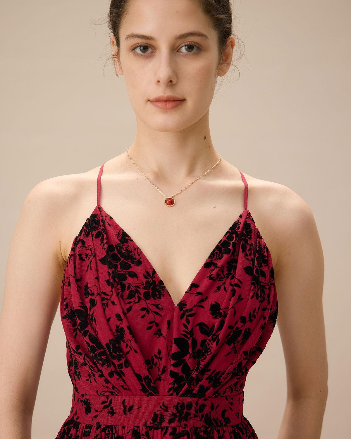 Red Floral Flocked Mesh Slit Maxi Dress Product Image