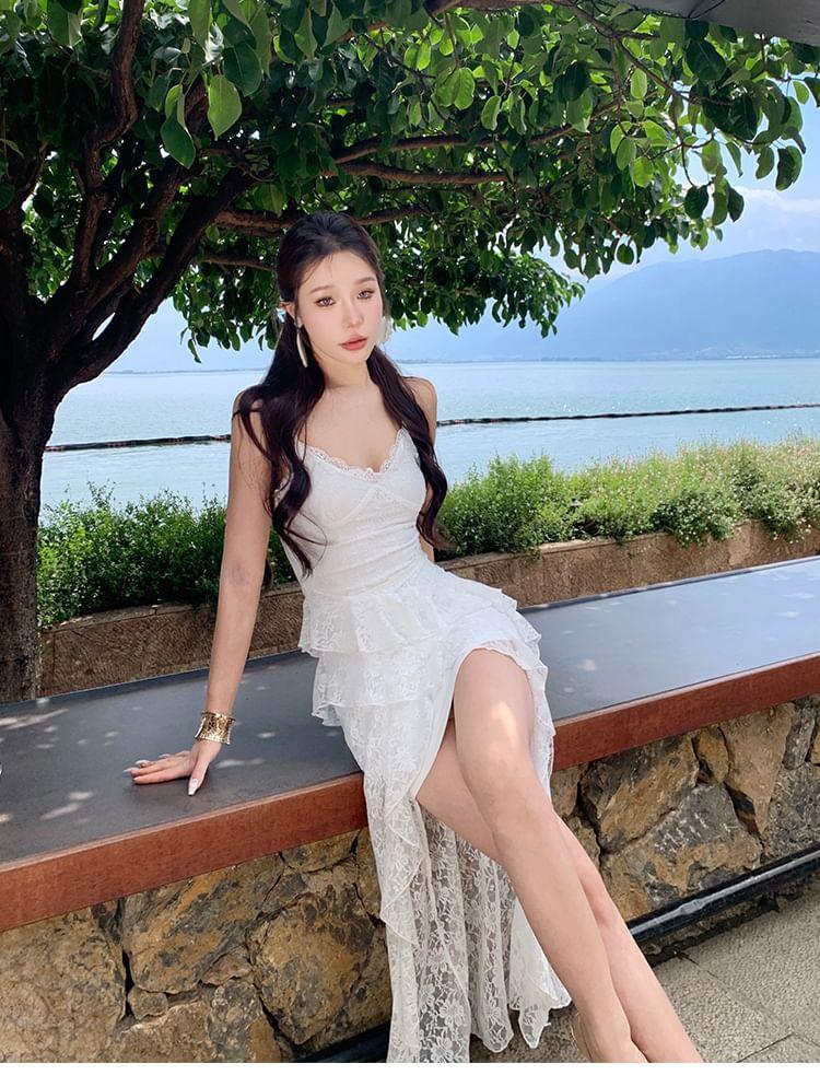 Spaghetti Strap V-Neck Plain Lace Trim Ruffle Trim High Low Lace Mini Bodycon Dress Product Image