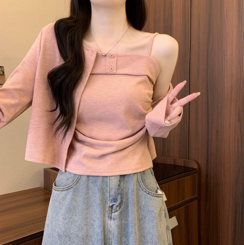 Set: Plain Crop Cardigan + Cami Top Product Image