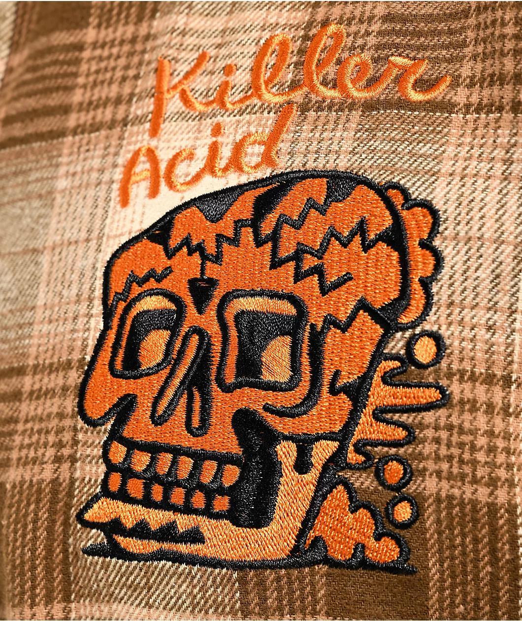 Killer Acid Skully Brown Plaid Long Sleeve Button Up Shirt Product Image