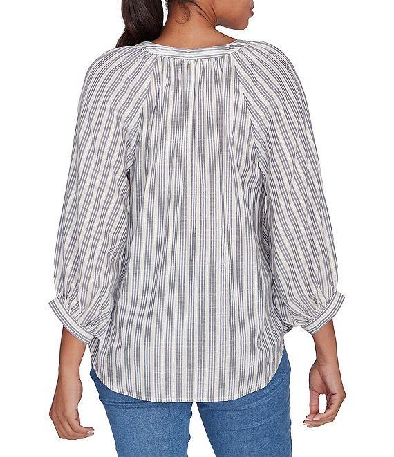 Ruby Rd. Embroidered Front Detail Yarn-Dyed Stripe Woven Notch Neck 3/4 Balloon Sleeve Blouse Product Image