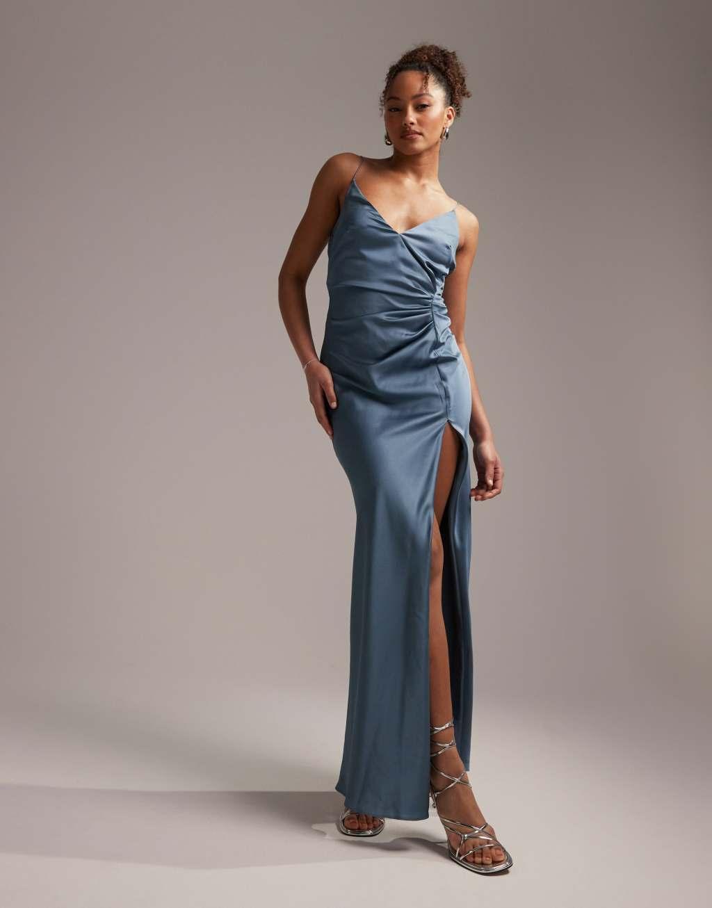 ASOS DESIGN Bridesmaid satin cami maxi dress with drape detail Product Image