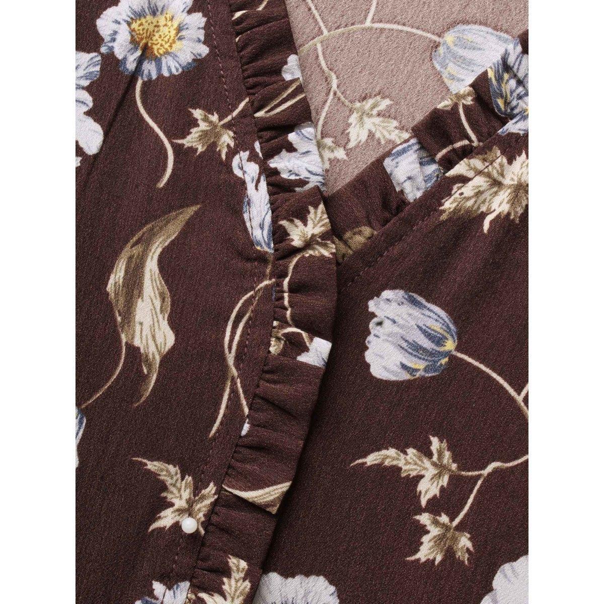 Plus Size DarkBrown Floral Lantern Sleeve Frill Trim Blouse Women Elegant Long Sleeve V-neck Everyday Blouses BloomChic 28/5X Product Image