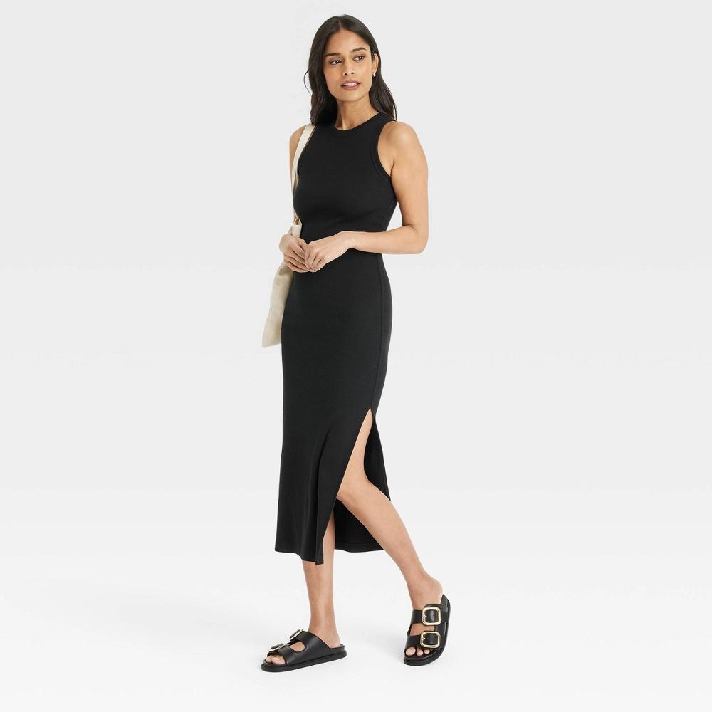 Women's Rib-Knit Maxi Bodycon Dress - Universal Thread™ Black XL: Highneck, Side Slit, Heavyweight Fabric Product Image