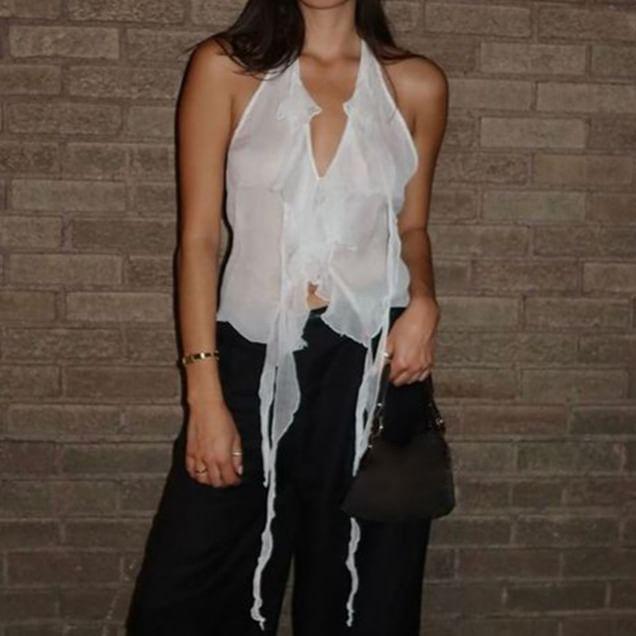 Halter-Neck Twisted Ruffle Mesh Crop Cami Top Product Image