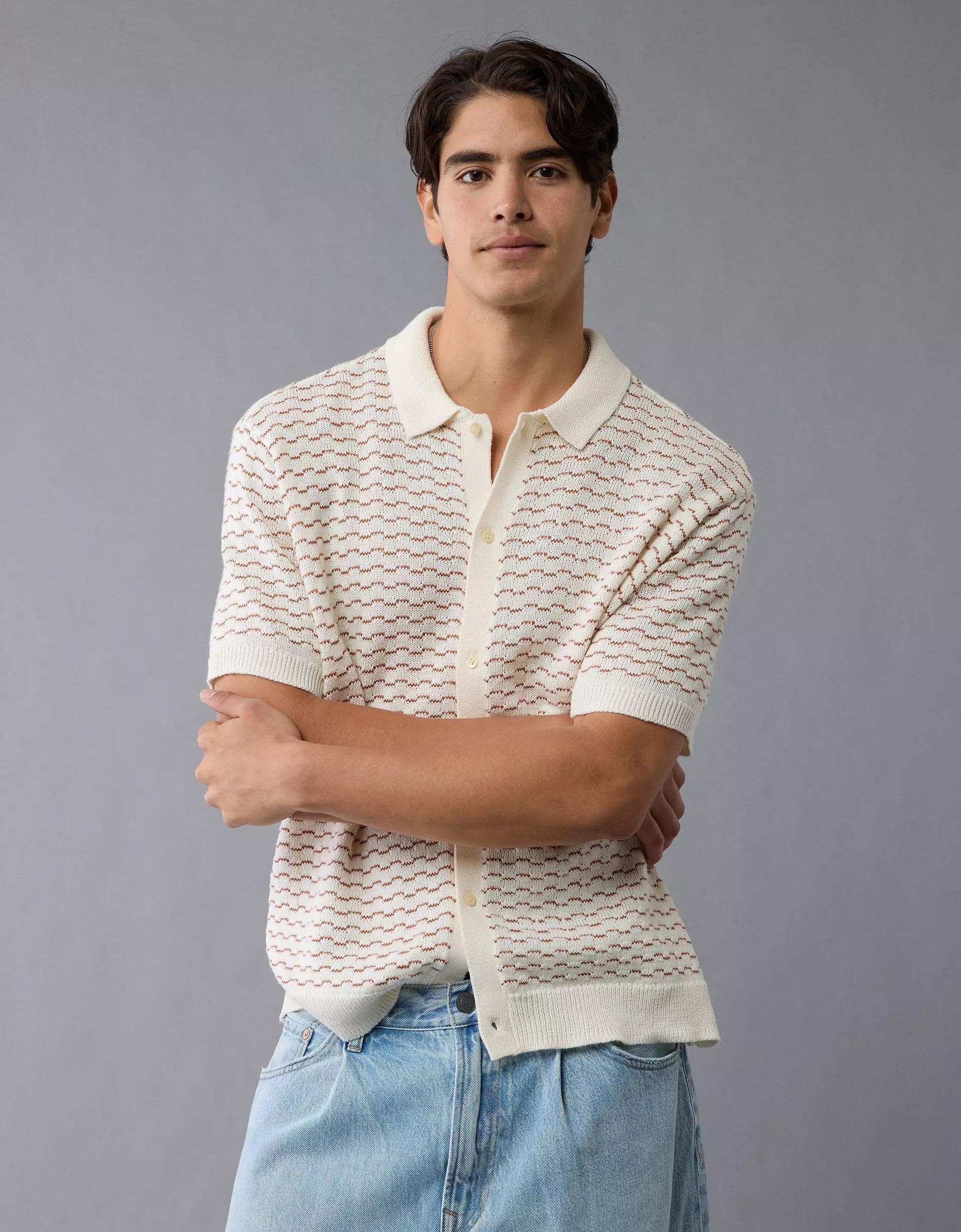 AE Weekend Striped Button-Up Sweater Polo Shirt Product Image