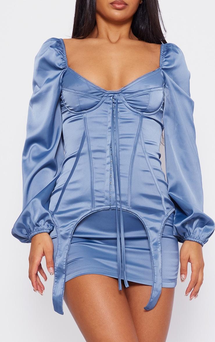 Mineral Blue Satin Balloon Sleeve Cup Detail Mini Dress Product Image