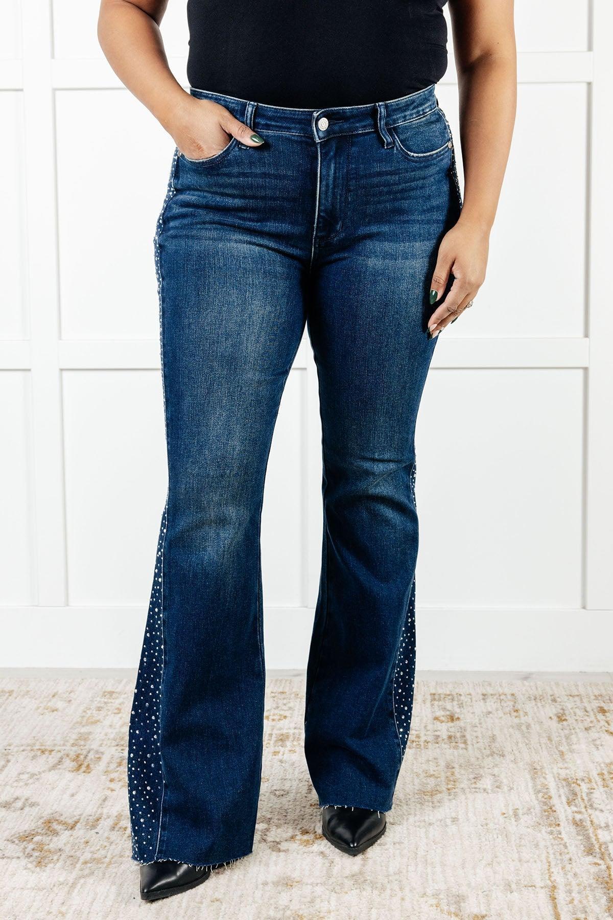 Judy Blue Mid Rise Rhinestone Detail Flare Jeans Product Image