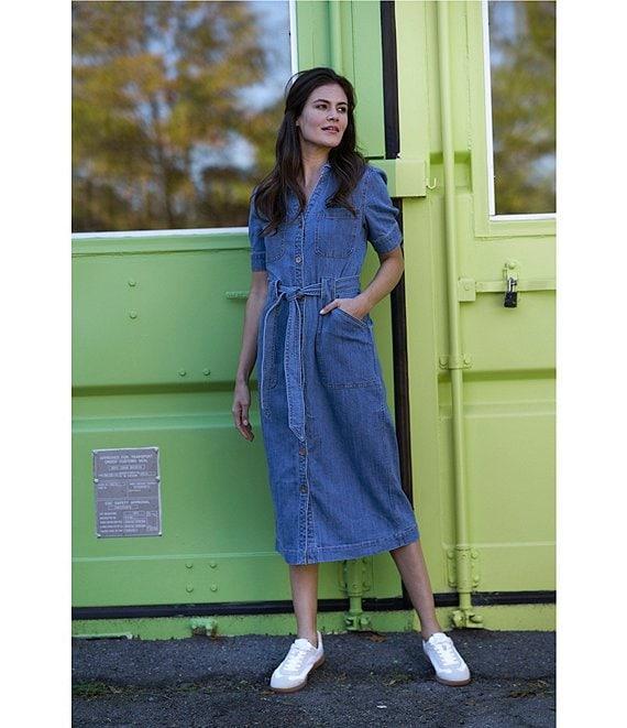Code Bleu Stretch Denim Spread Collar Short Sleeve Shirt Midi Dress Product Image