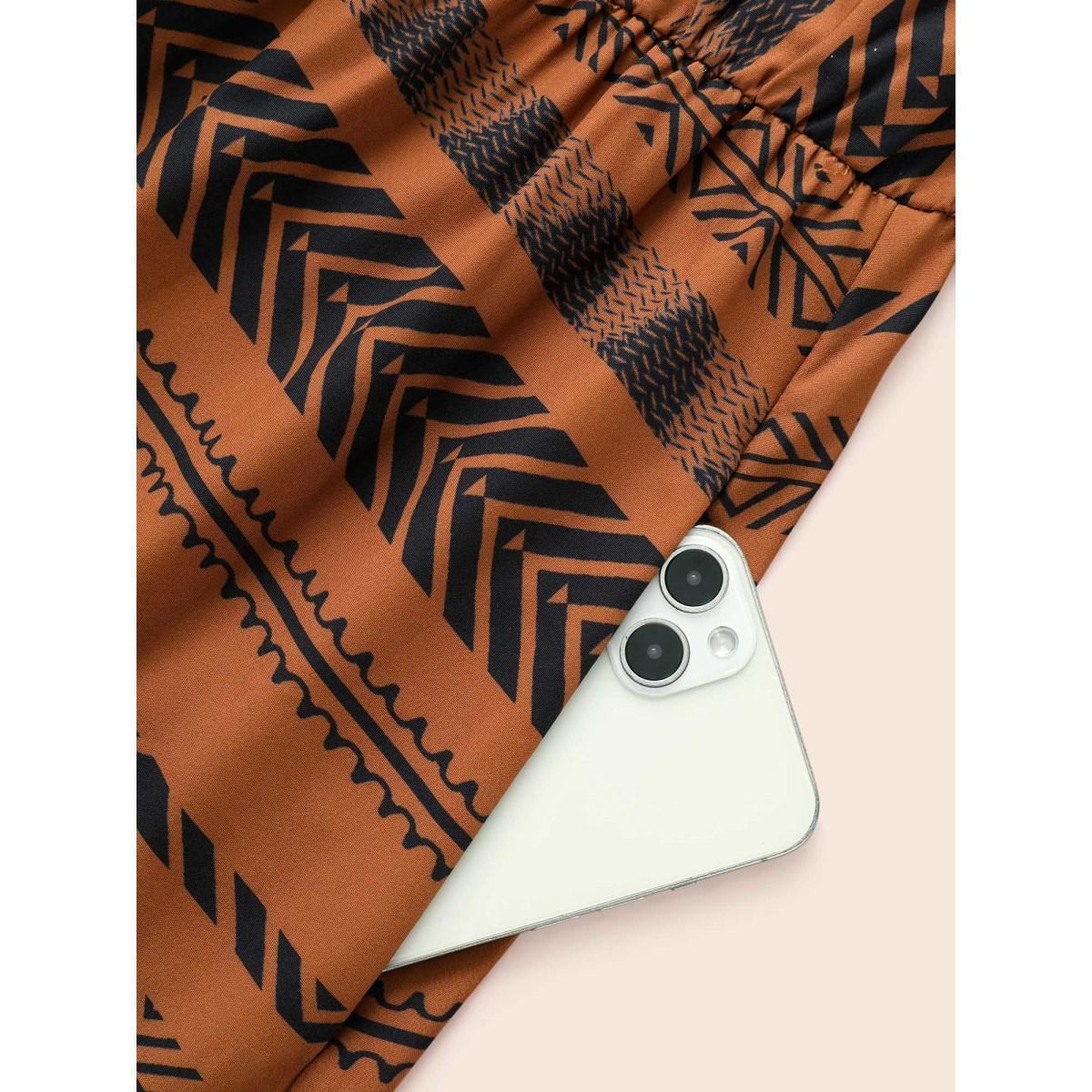 Plus Size Notched Bandana Geometric Ruffle Sleeve Dress Yellowishbrown Women Resort Ruffles Flat collar with V-notch Elbow-length sleeve Curvy BloomChic 10/M Product Image