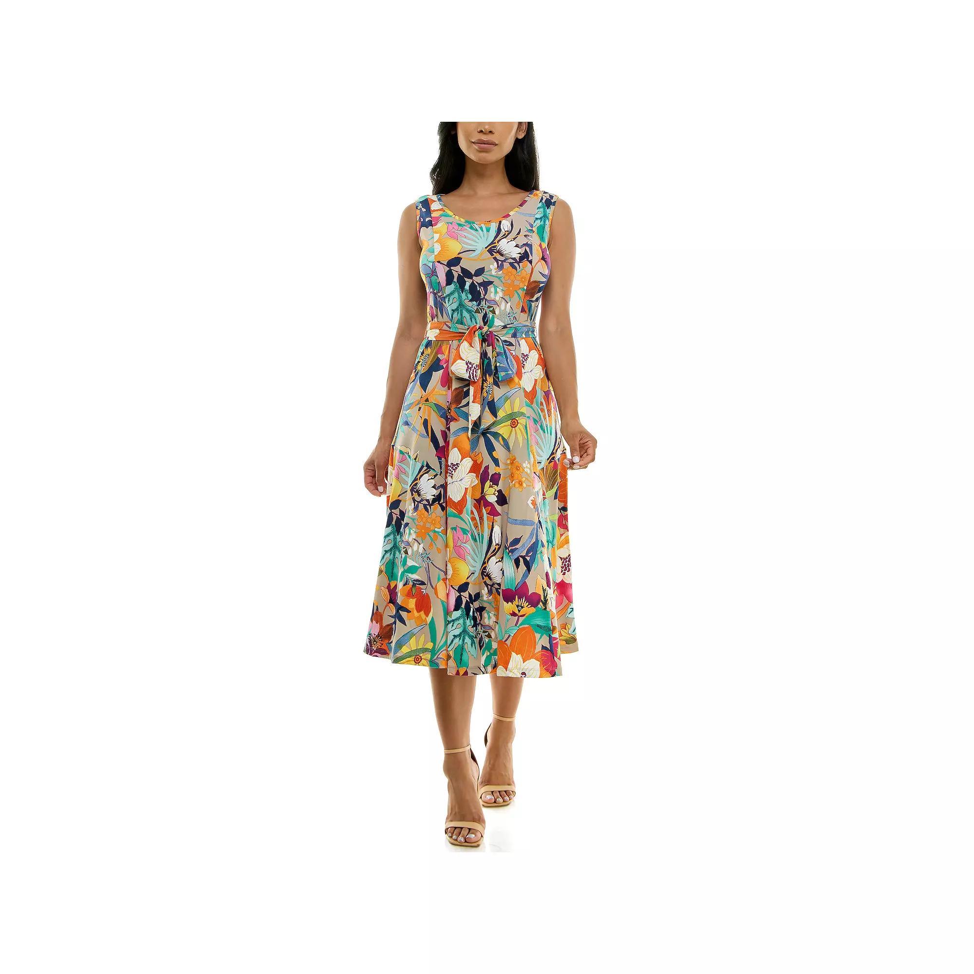 Women's Nina Leonard Belted Sleeveless Print Midi Dress, Size: XL, Brown Team Product Image