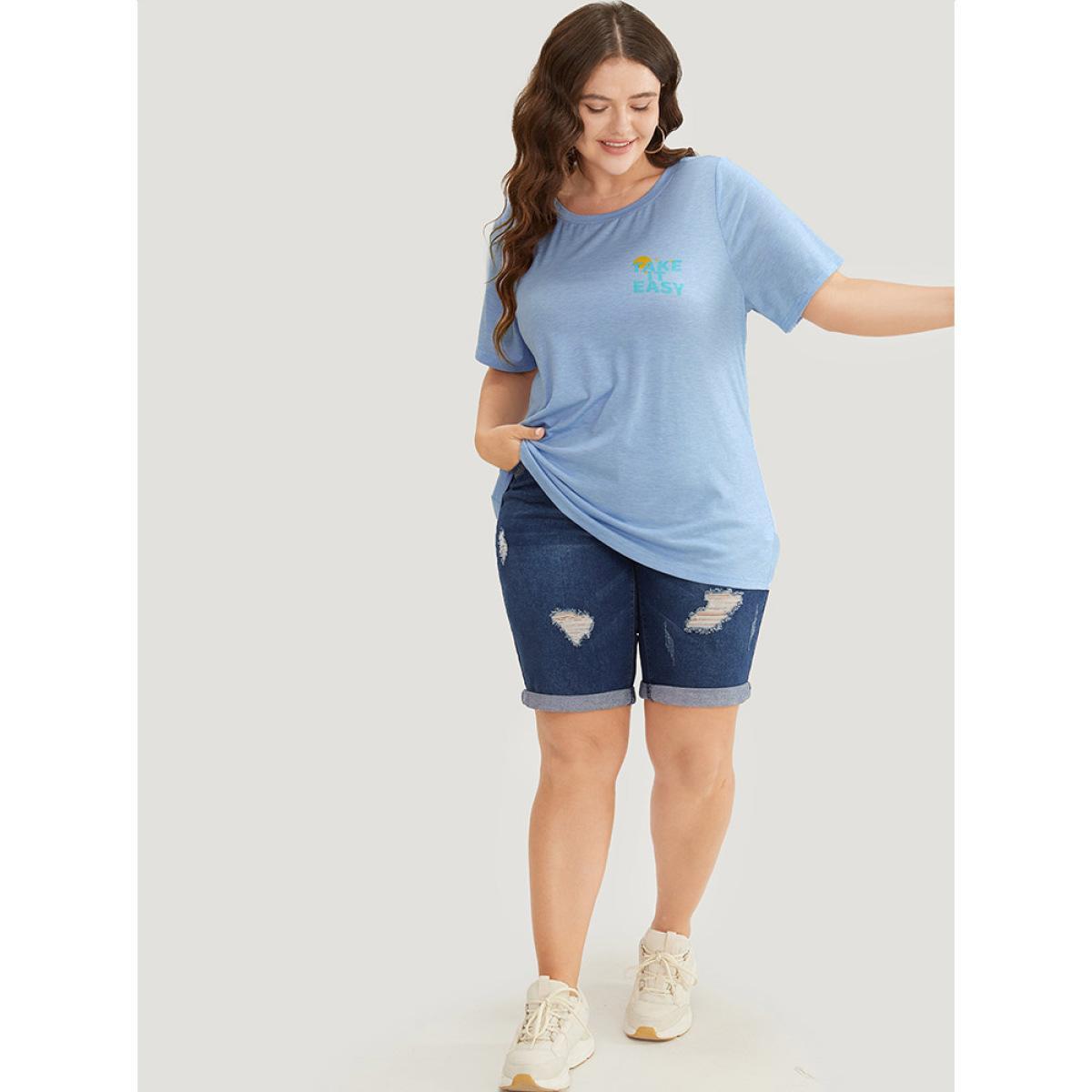 Plus Size Slogan Print Short Sleeve T-shirt LightBlue Women Casual Positive slogan Dailywear T-shirts BloomChic 26/4X Product Image