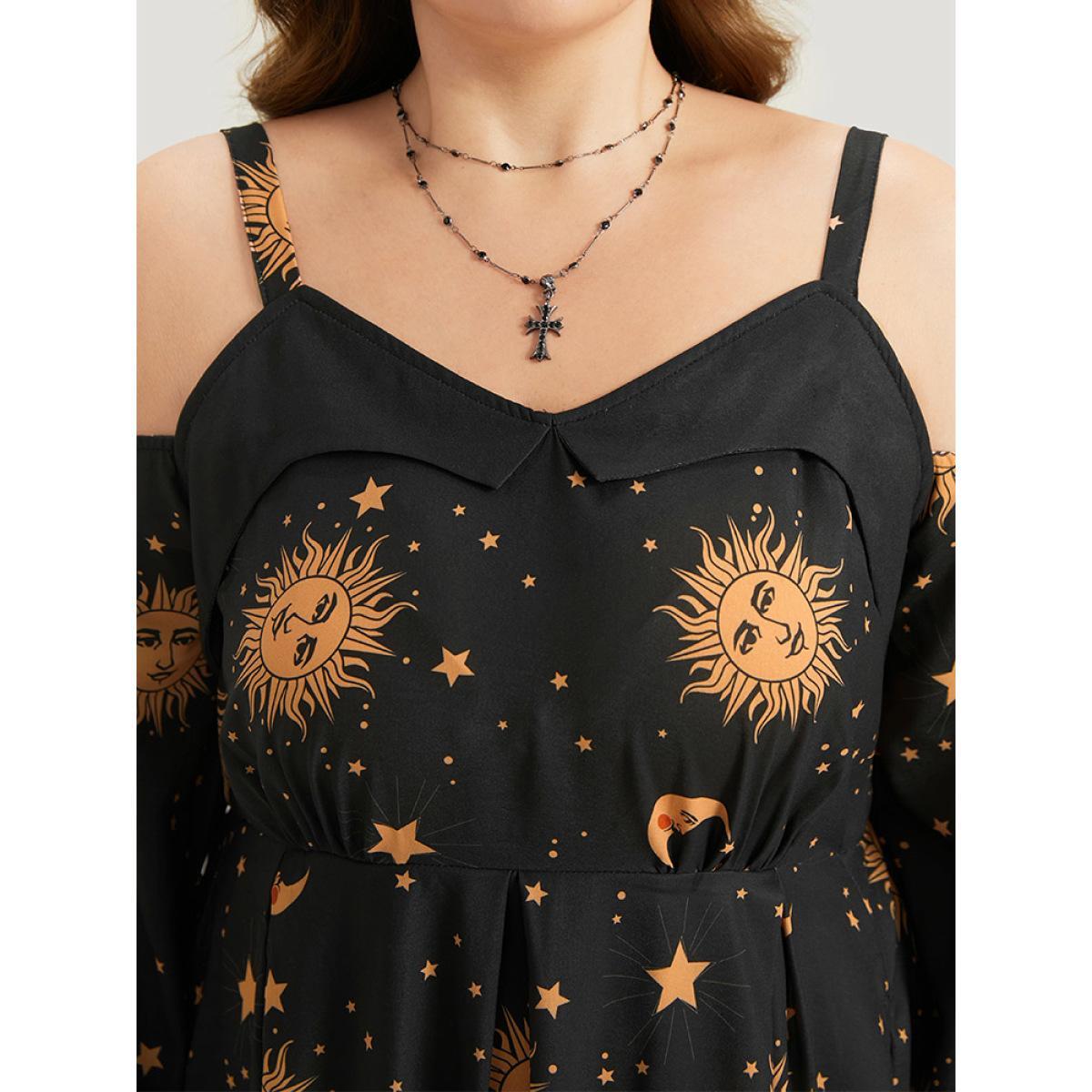 Plus Size Halloween Moon & Star Cold Shoulder Pocket Elastic Waist Dress Black Women Casual Adjustable Straps Spaghetti Strap Long Sleeve Curvy Midi Dress BloomChic 22-24/3X Product Image