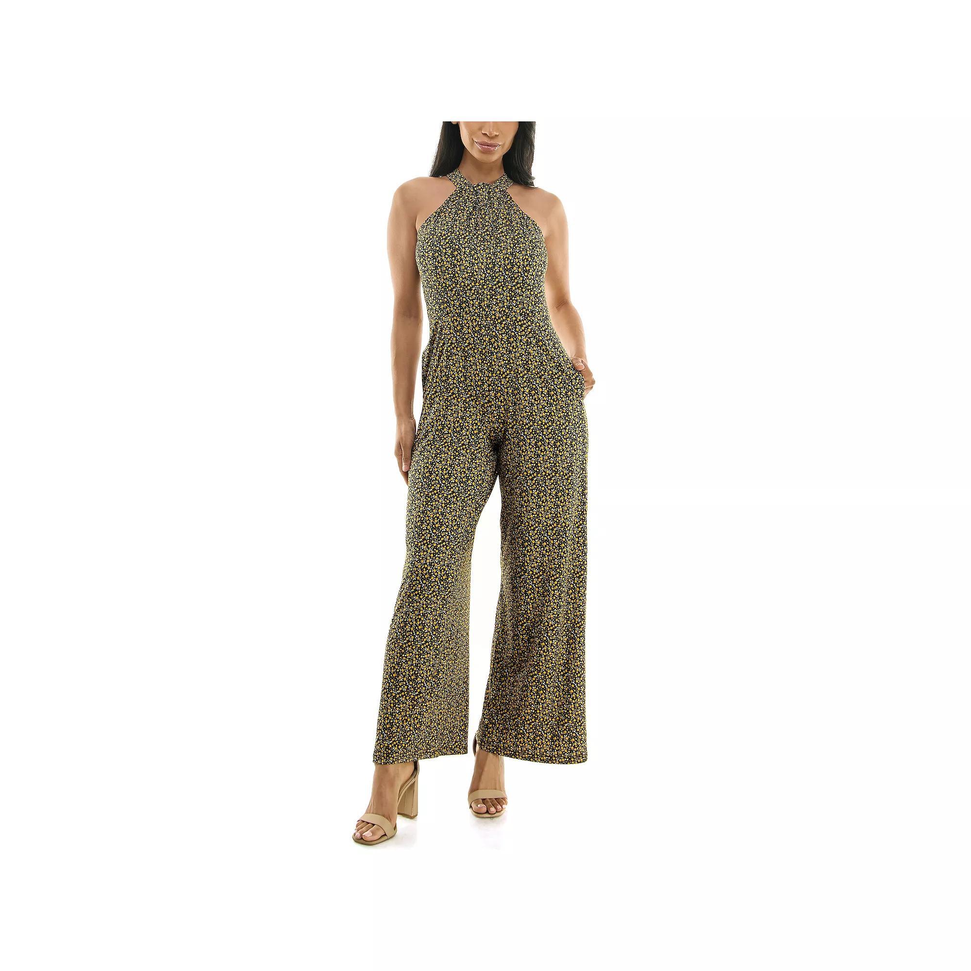 Women's Nina Leonard Printed Twist Neck Jumpsuit, Size: XL, Black Yellow Team Product Image