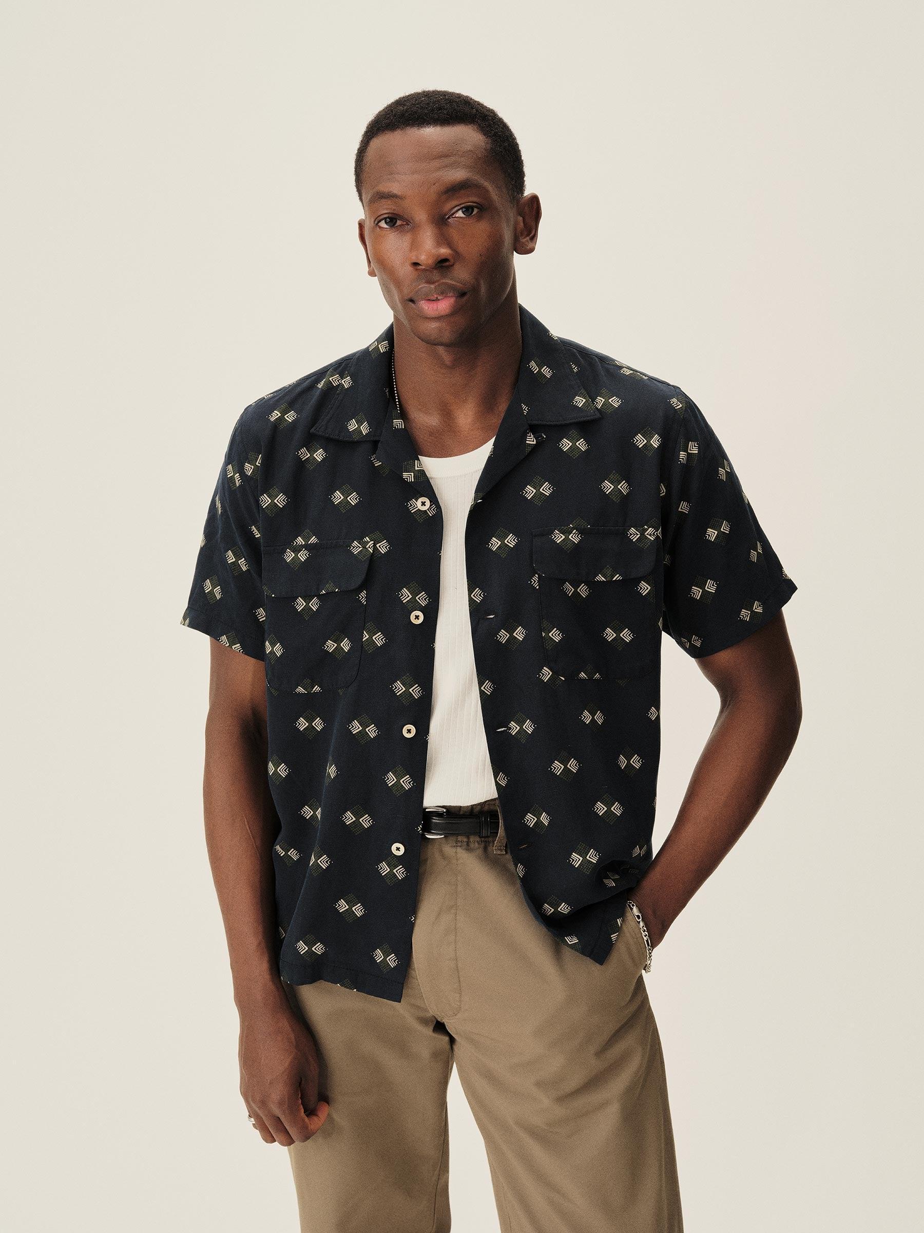 Dark Navy Draped Linen Deuce Coupe Camp Shirt Product Image