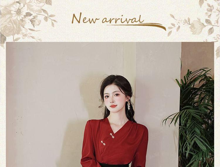 Set: Long-Sleeve V-Neck Plain Frog Button Blouse + High Rise Midi Pencil Skirt Product Image