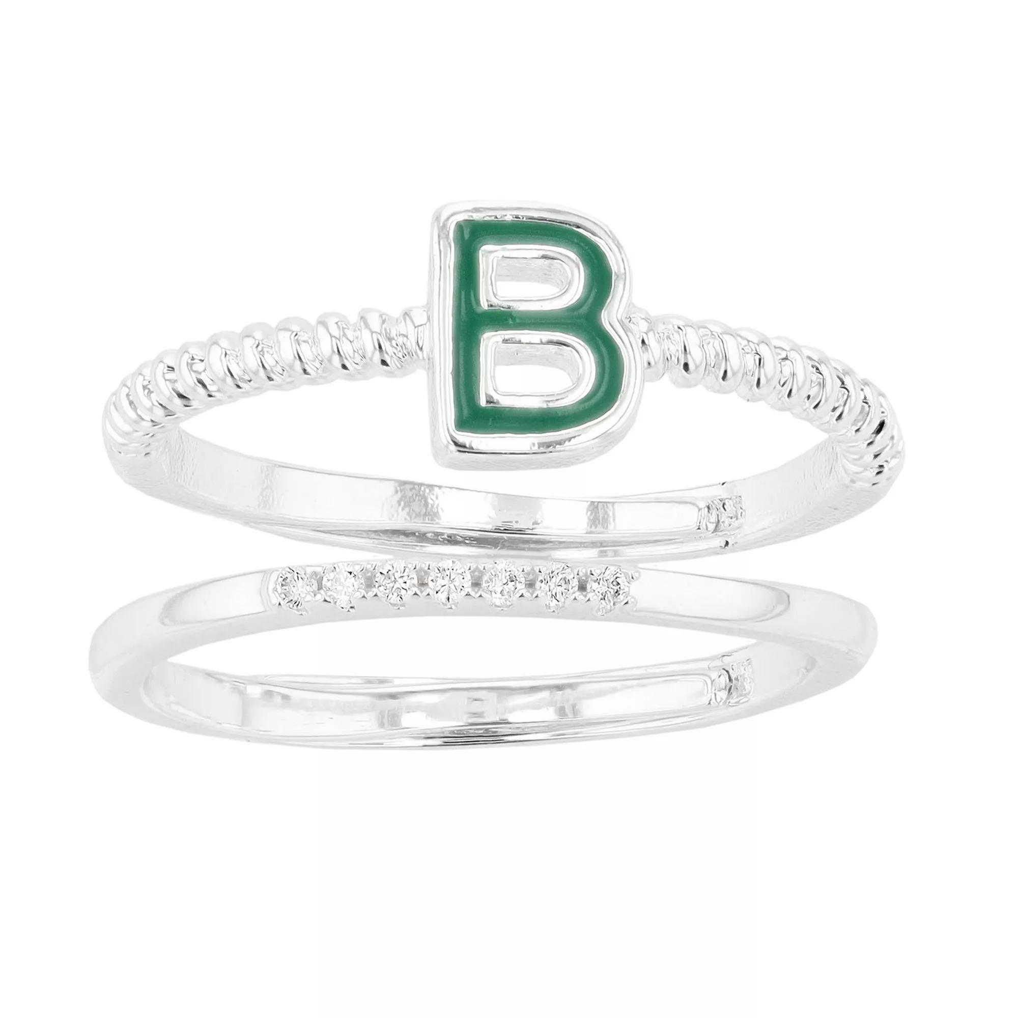 City Luxe Enamel Initial Ring & Cubic Zirconia Pave Ring Duo Set, Women's, Gold Tone A Product Image