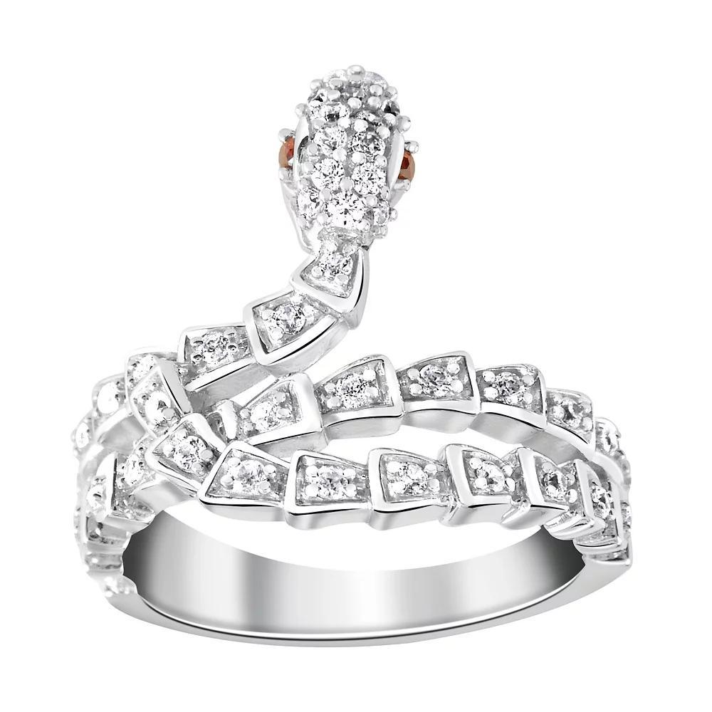 SIRI Sterling Silver Rhodium-Plated White Cubic Zirconia and Garnet Wrap Serpent Ring with Intricate Detailing, Women's, Size: 6 Product Image