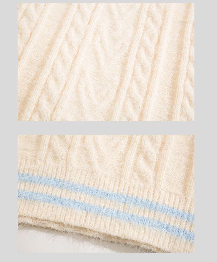Half Buttoned High Neck Cable Knit Sweater Product Image