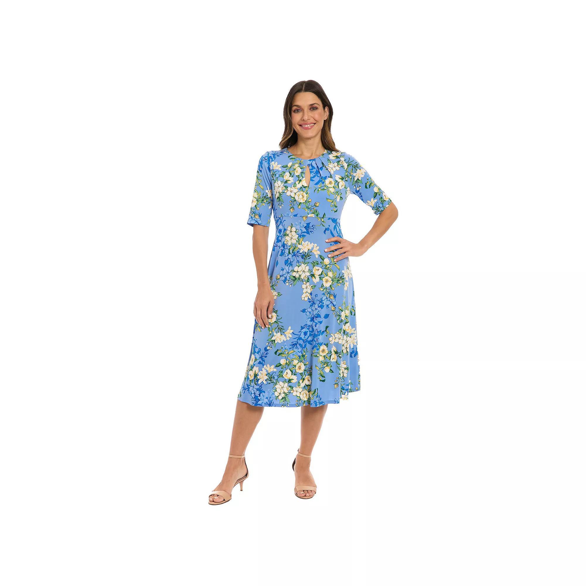 Women's London Times Floral Pleated Keyhole Neck Midi Dress, Size: 14, Blue Product Image