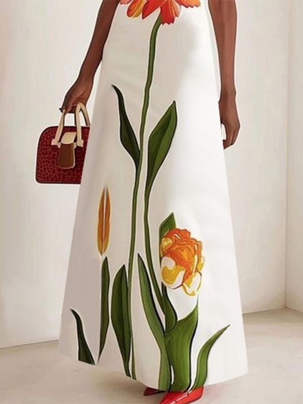 Short Sleeves Flower Print Boat Neck Maxi Dresses Product Image