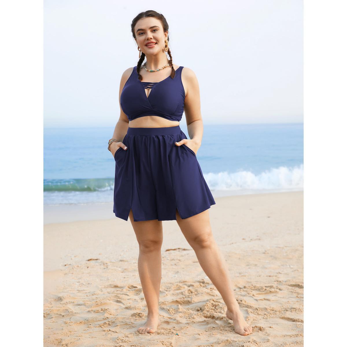 Plus Size Solid Slit Front Pocket Gathered Swim Bottom Women's Swimwear Indigo Beach Gathered High stretch Bodycon High Rise Side seam pocket Curve Swim Bottoms BloomChic 30/6X Product Image