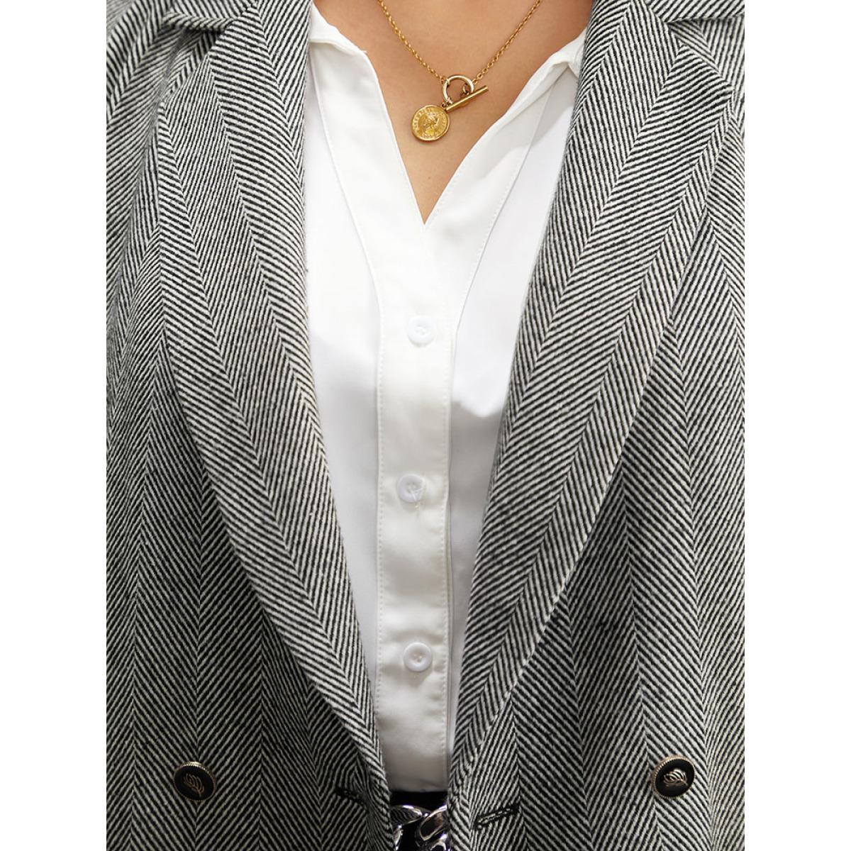 Plus Size Geo Striped Patched Pocket Button Down Blazer Gray Women Work Geometric Texture Sleeve Long Sleeve Suit Collar 14-16/1X Pocket Office Blazers BloomChic Product Image