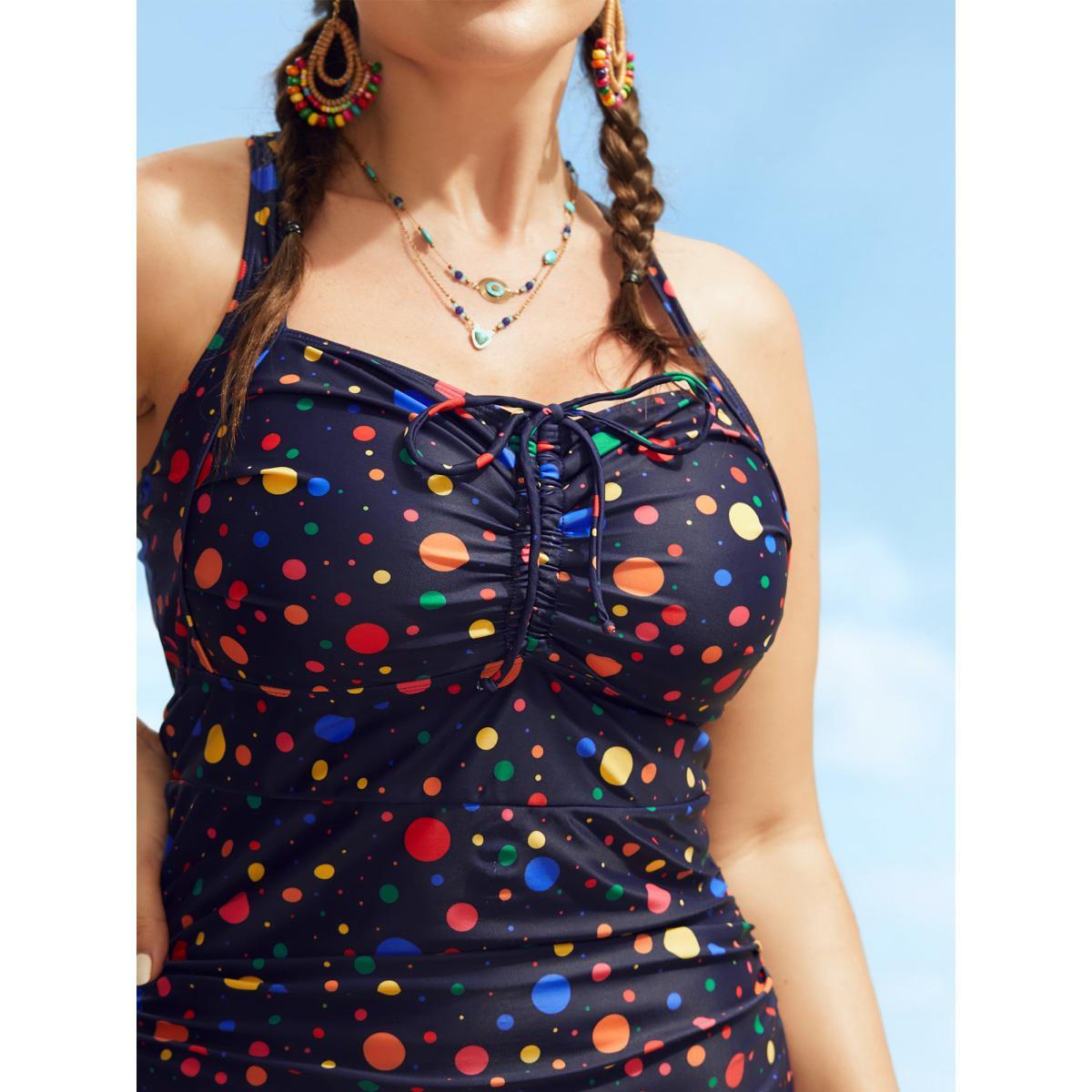 Plus Size Colored Polka Dot Ties Ruched One Piece Swimsuit Women's Swimwear Indigo Beach Tie knot Curve Bathing Suits High stretch One Pieces BloomChic 28/5X Product Image