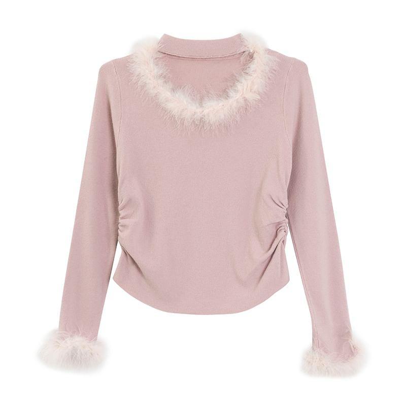 Long-Sleeve Crewneck Furry Trim Plain Knit Top Product Image