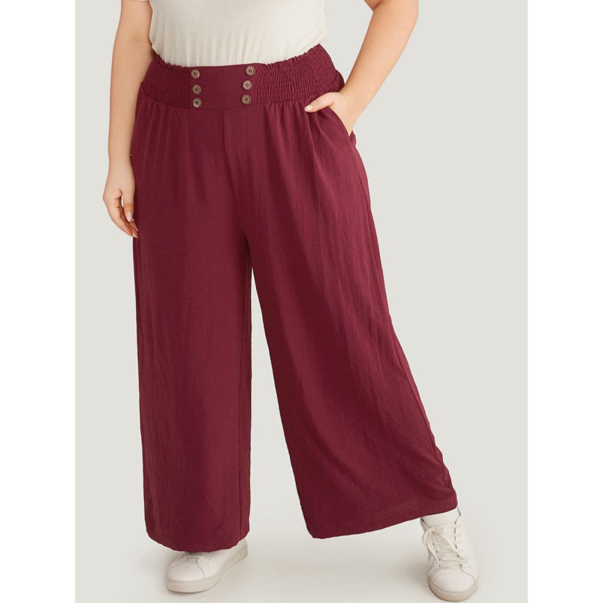 Plus Size Button Detail Shirred Wide Leg Pants Women Burgundy Glamour Wide Leg High Rise Going out Pants BloomChic 18-20/2X Product Image